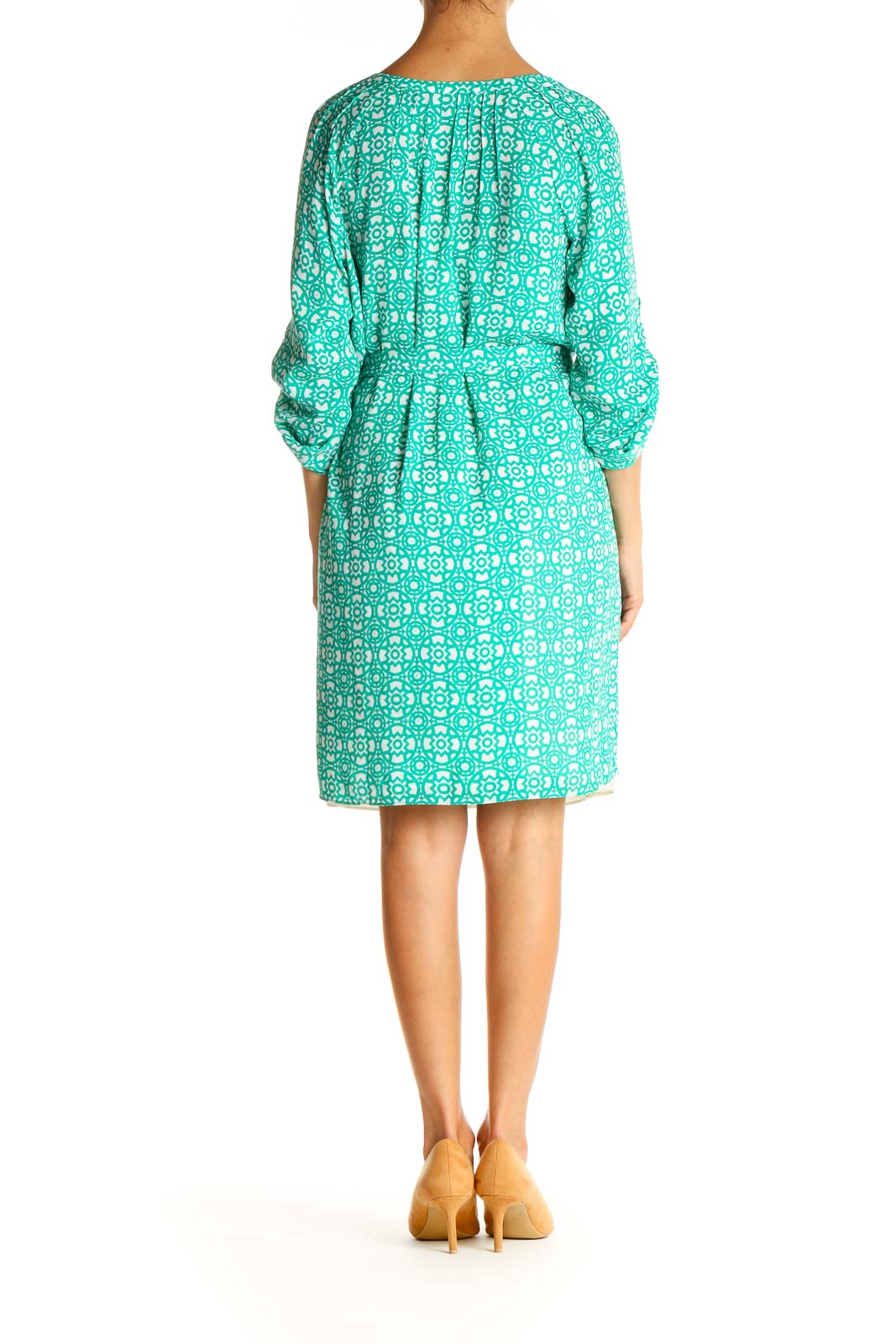 Green Blue Geometric Print Casual Fit & Flare Dress