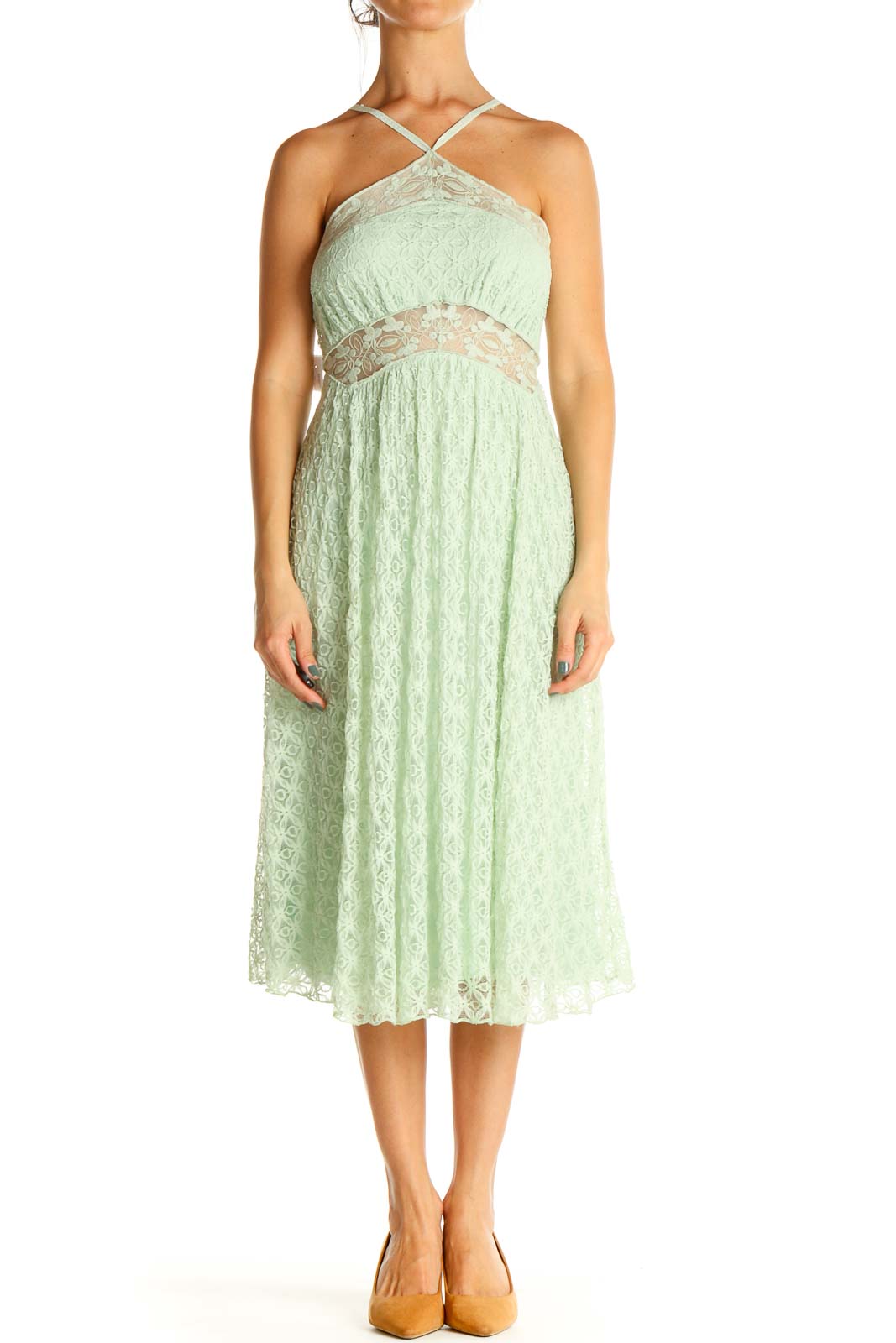 Front view of mint green lace halter midi dress by Free People