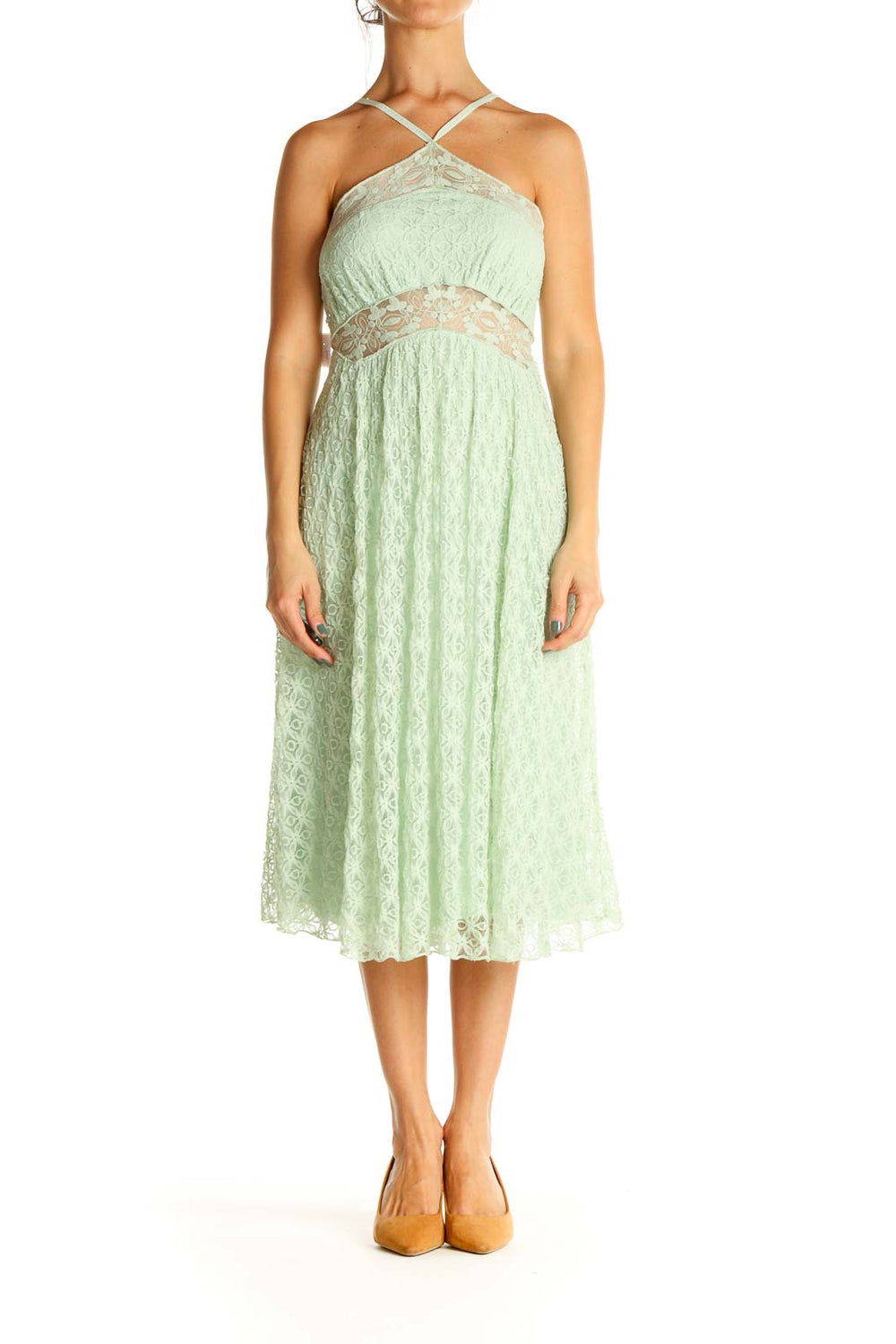 Front view of mint green lace halter midi dress by Free People