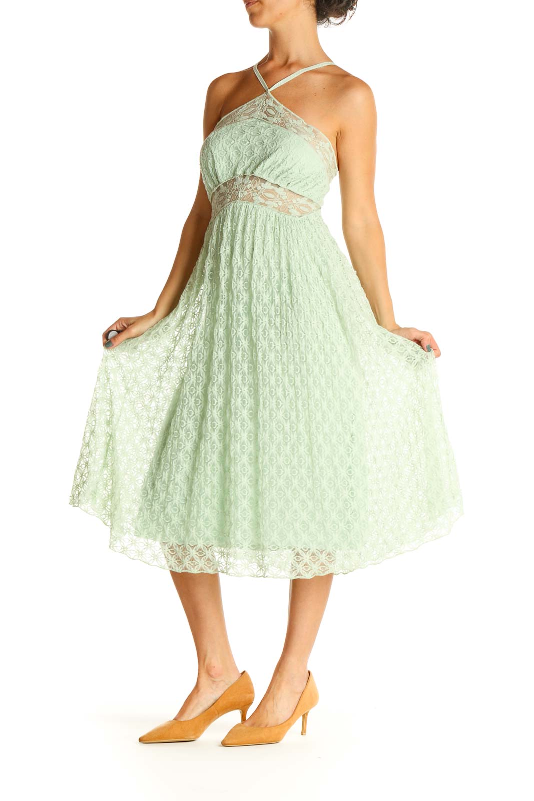 Front view of mint green lace halter midi dress by Free People