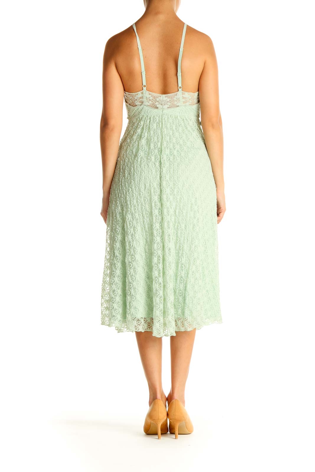 Back view of mint green lace halter midi dress by Free People