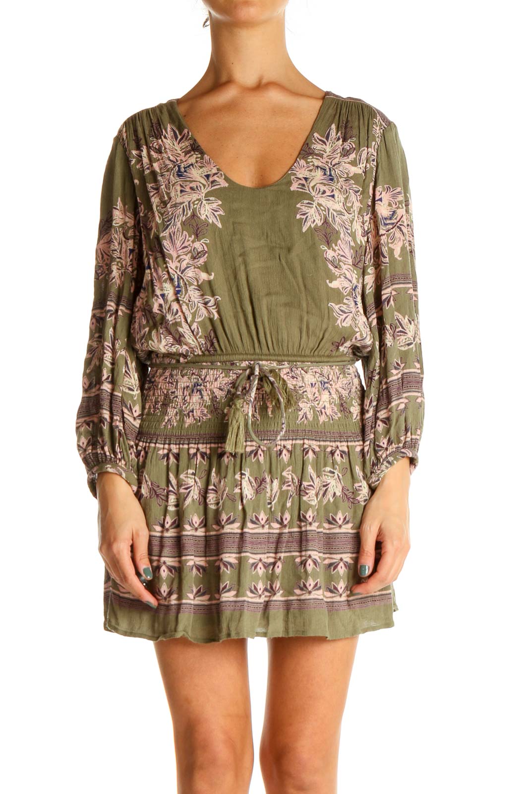 Front view of Free People green floral mini dress with V-neck and balloon sleeves