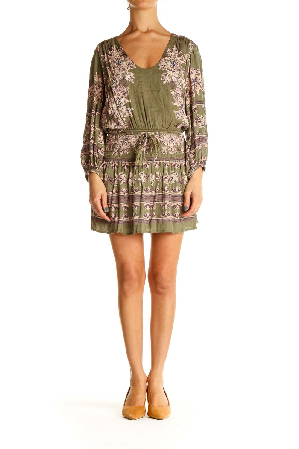 Front view of Free People green floral mini dress with V-neck and balloon sleeves