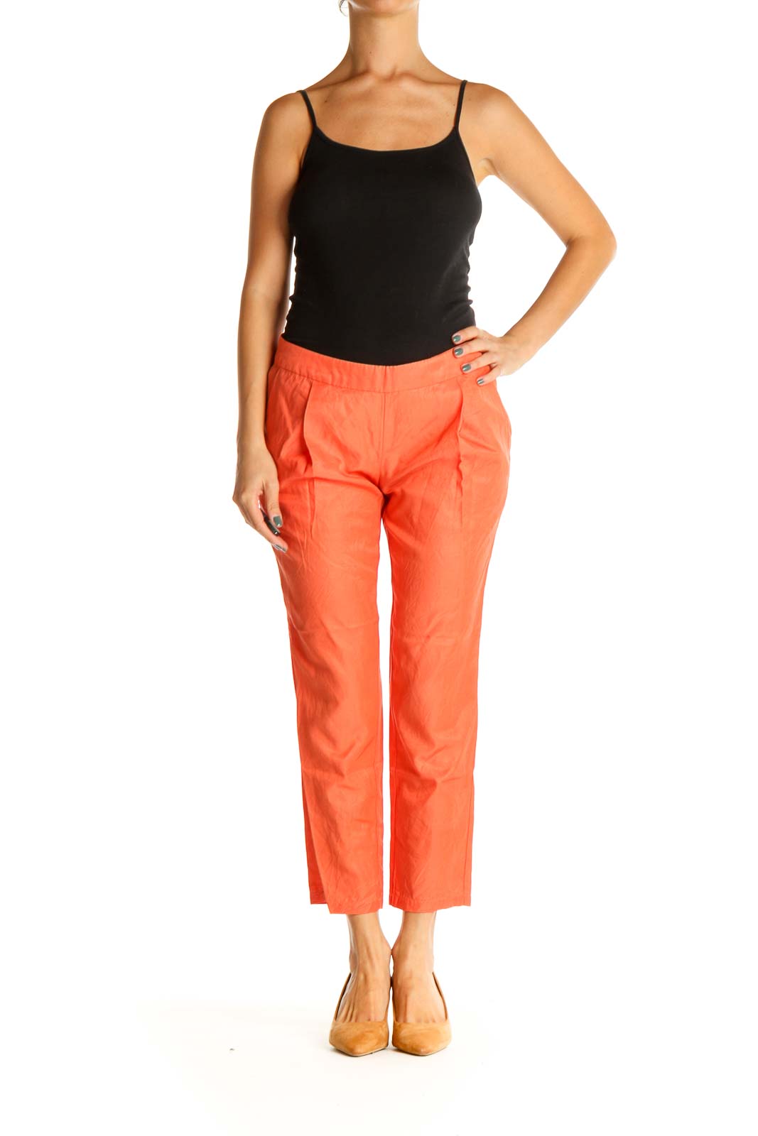 Orange Solid Casual Capri Pants