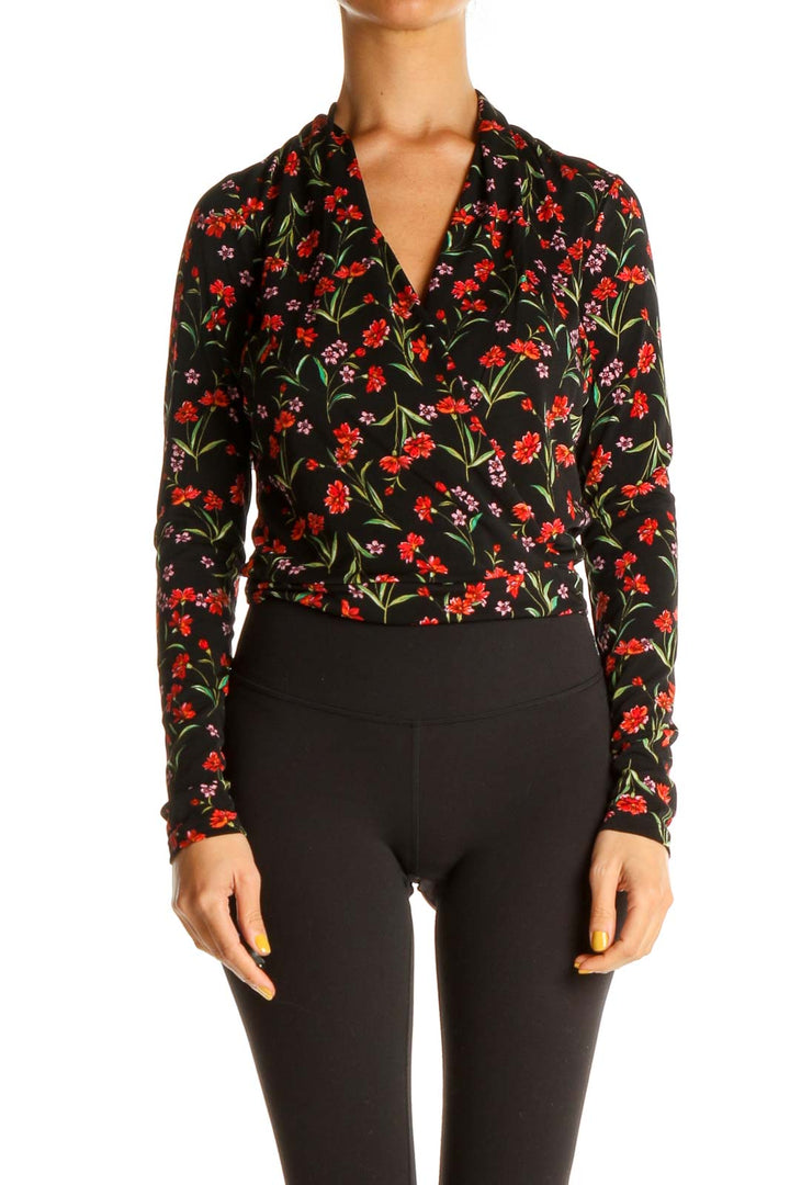 Black Floral Print All Day Wear Bodysuit Blouse