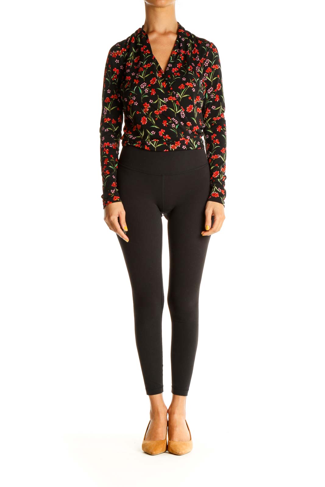 Black Floral Print All Day Wear Bodysuit Blouse