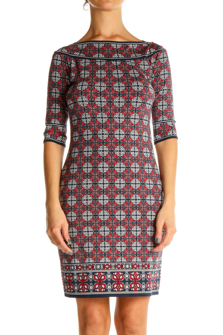 Red Geometric Print Sheath Dress