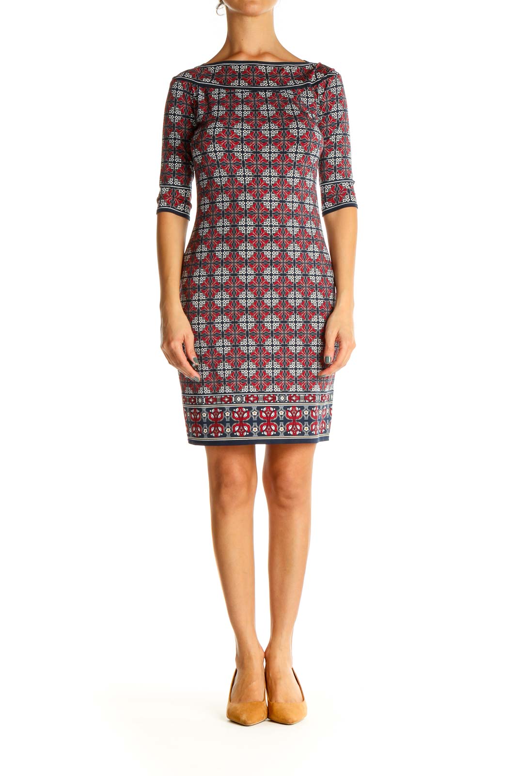 Red Geometric Print Sheath Dress