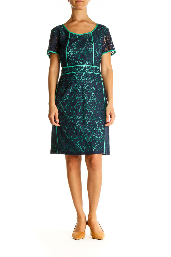 Blue Lace Print Day Sheath Dress