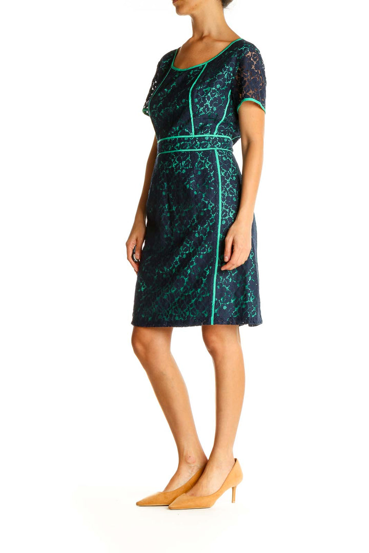 Blue Lace Print Day Sheath Dress