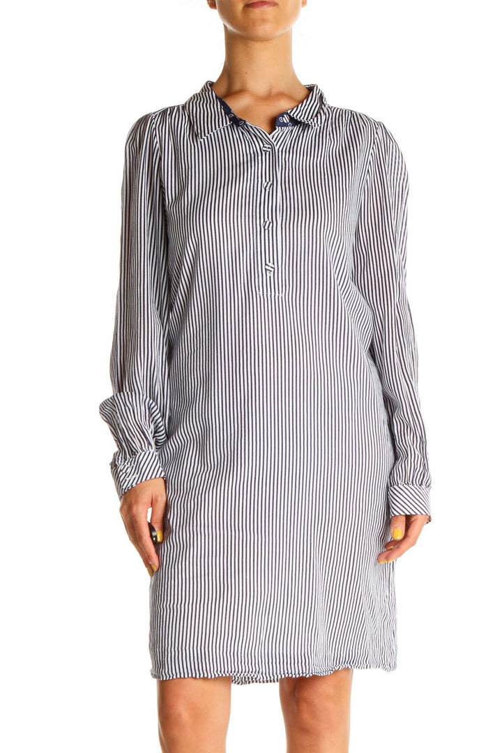 White Blue Striped Day Shirt Dress