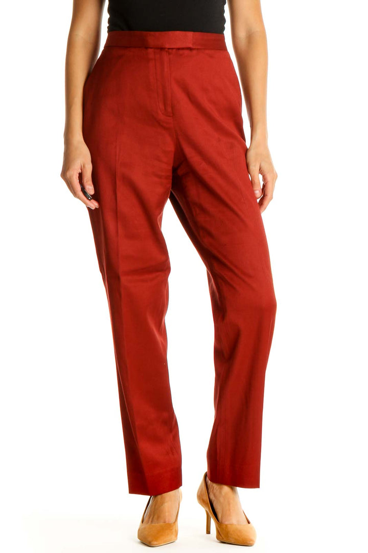 Red Solid Classic Trousers