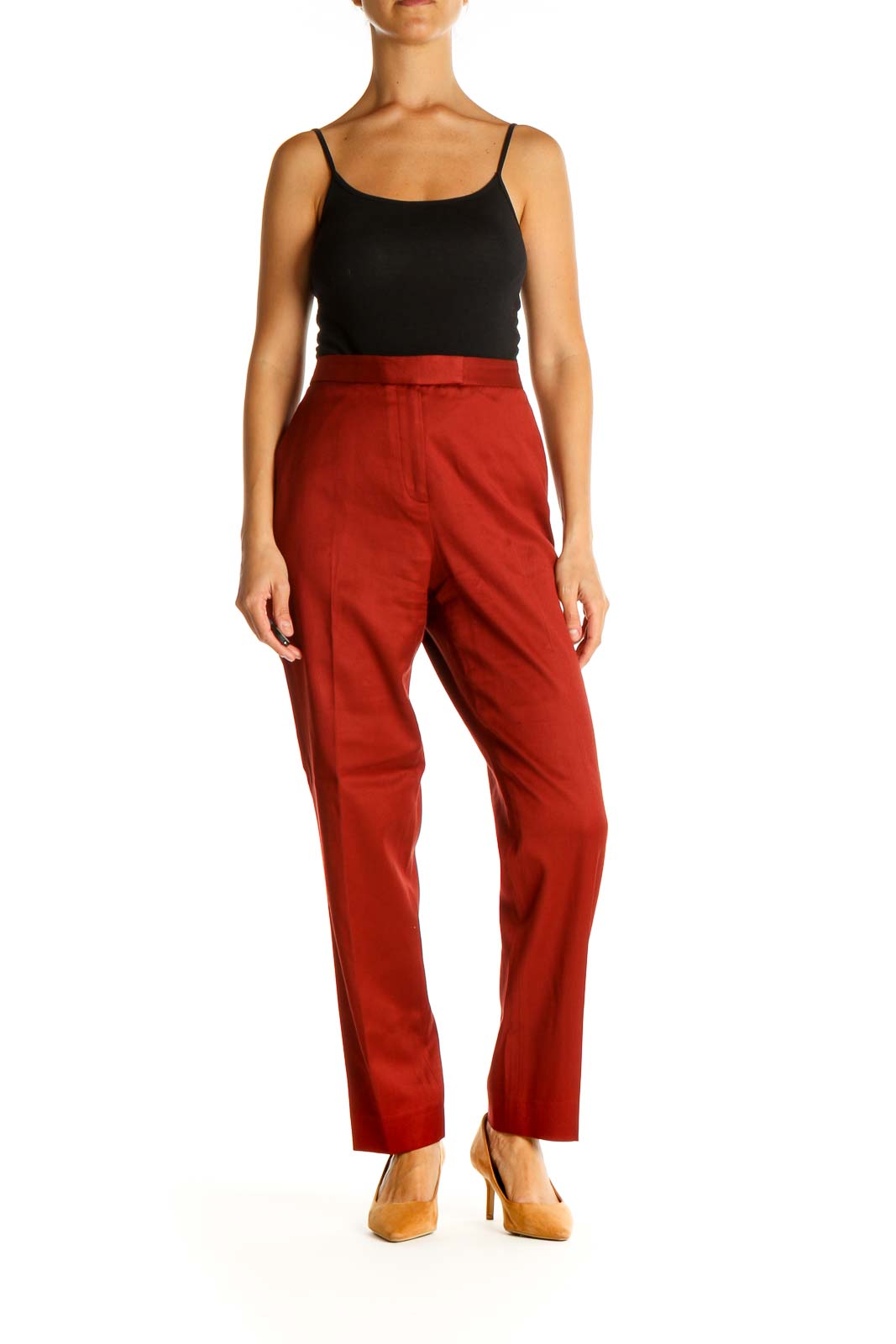 Red Solid Classic Trousers