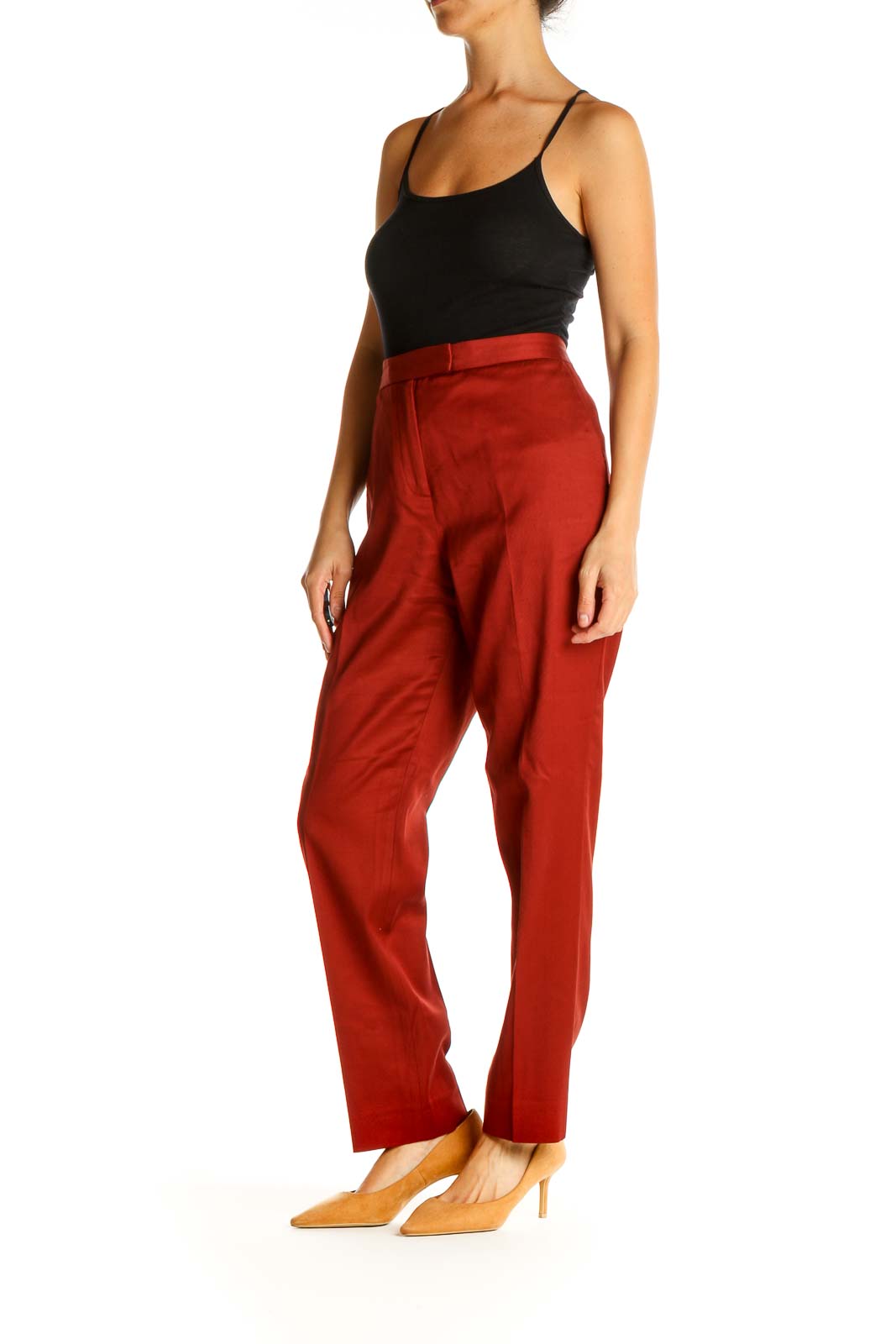 Red Solid Classic Trousers