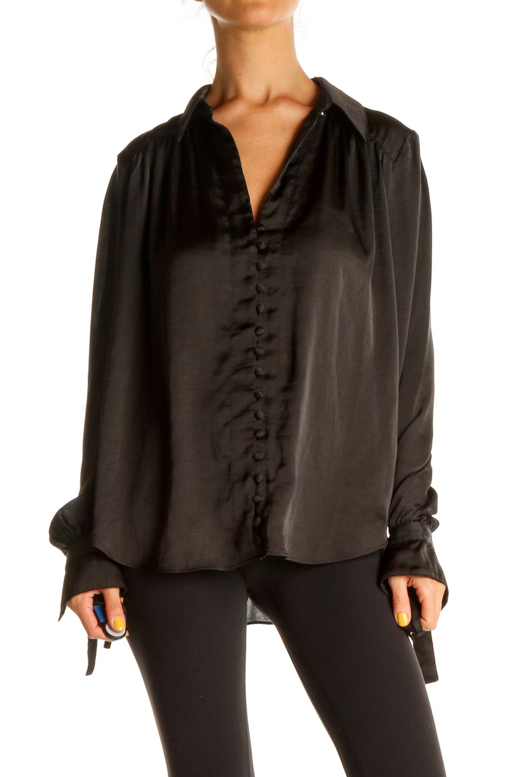 Front view of black Free People flowy button-down blouse with ruched detailing