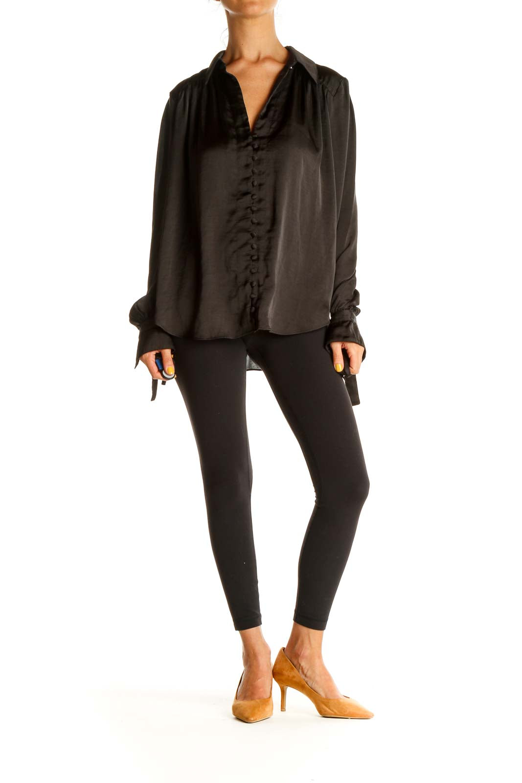 Front view of black Free People flowy button-down blouse with ruched detailing