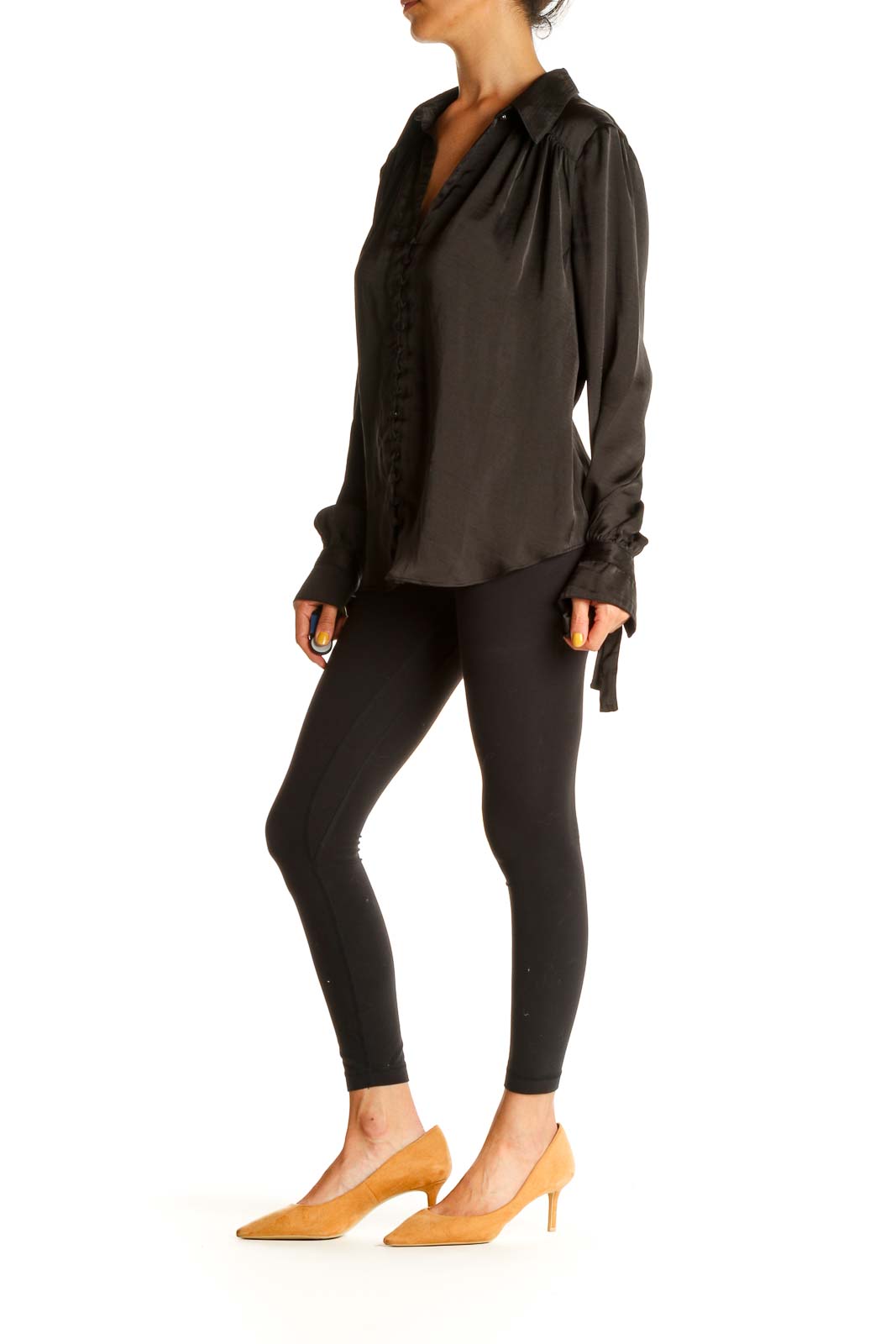 Front view of black Free People flowy button-down blouse with ruched detailing