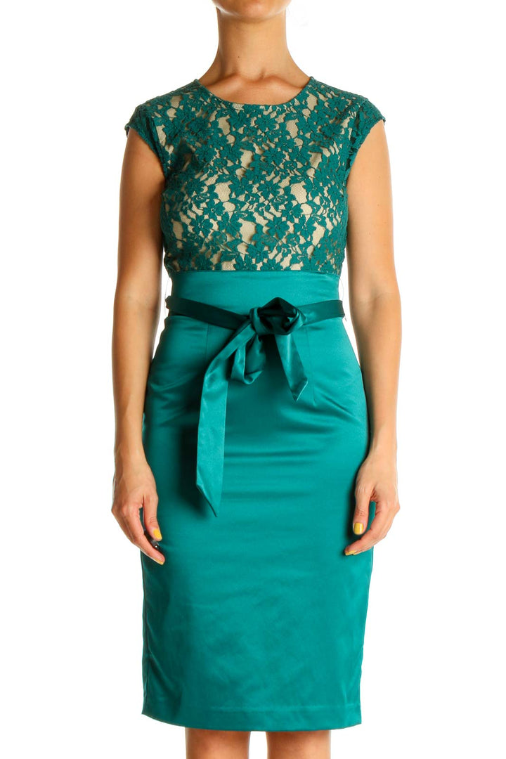 Green Blue Lace Work Sheath Dress