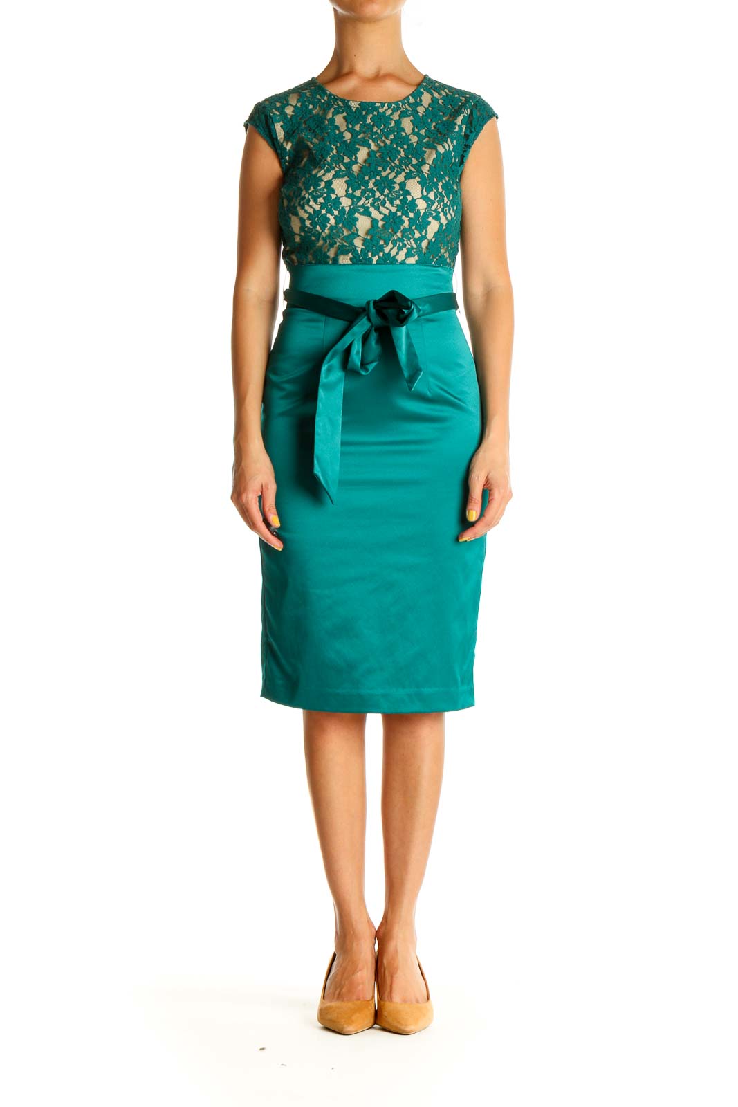 Green Blue Lace Work Sheath Dress