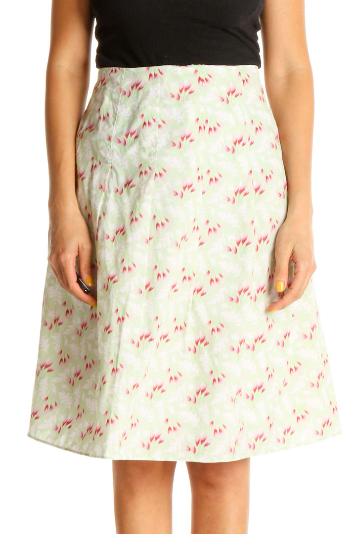 Beige Floral Print Chic A-Line Skirt