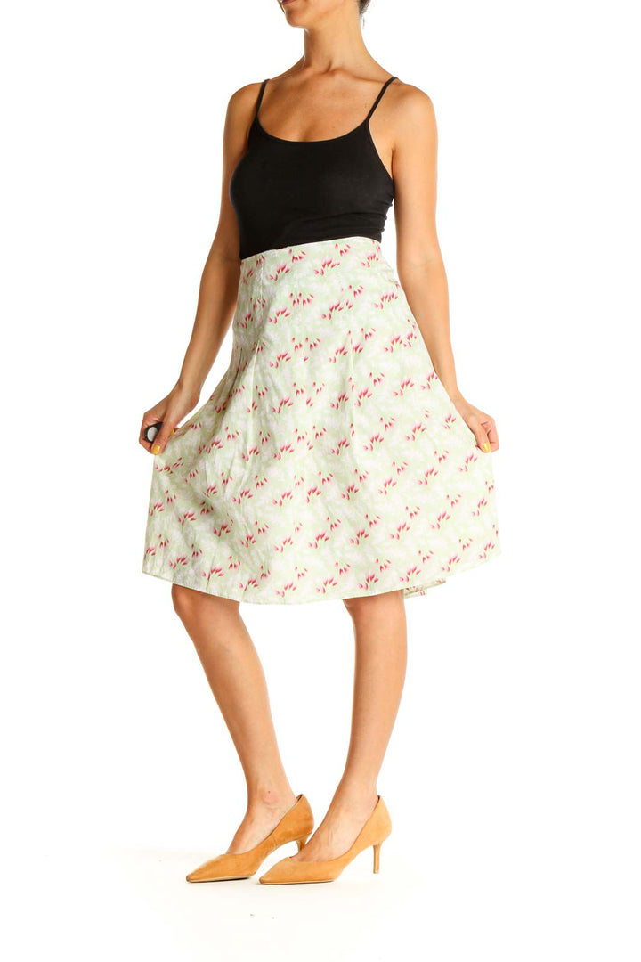 Beige Floral Print Chic A-Line Skirt