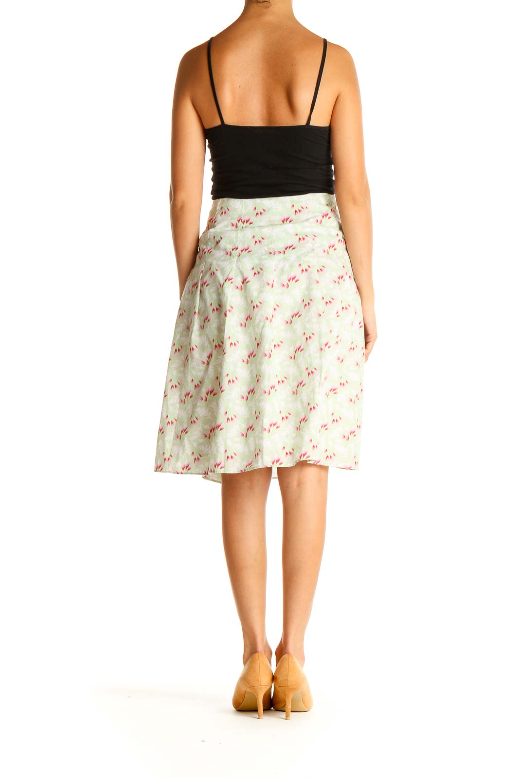 Beige Floral Print Chic A-Line Skirt