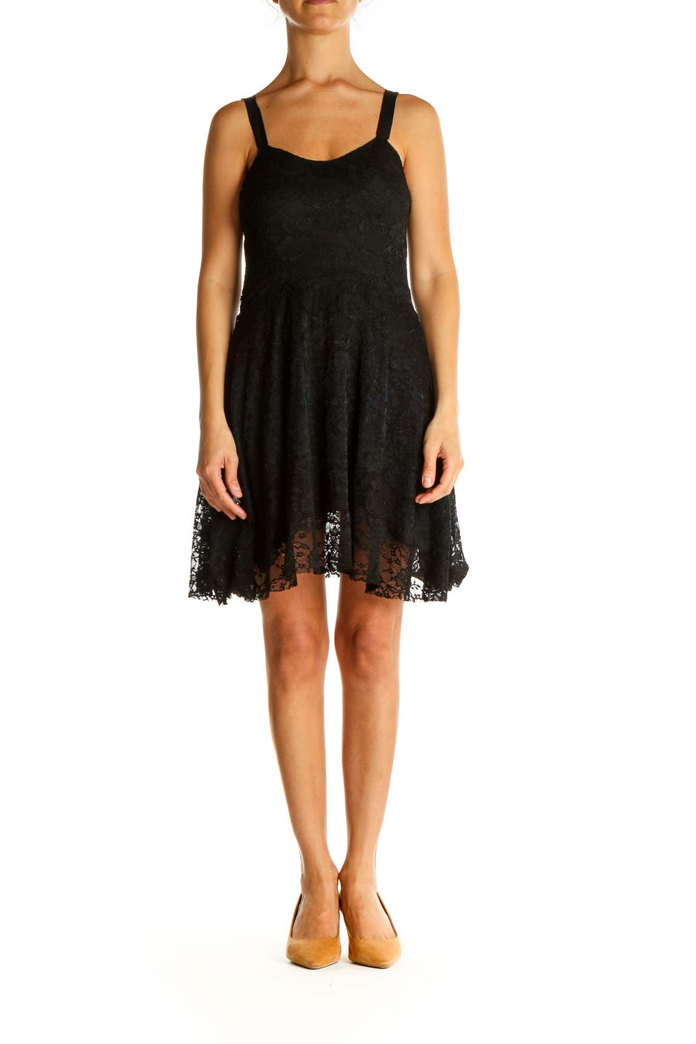 Front view of Free People black lace fit-and-flare mini dress with scoop neckline