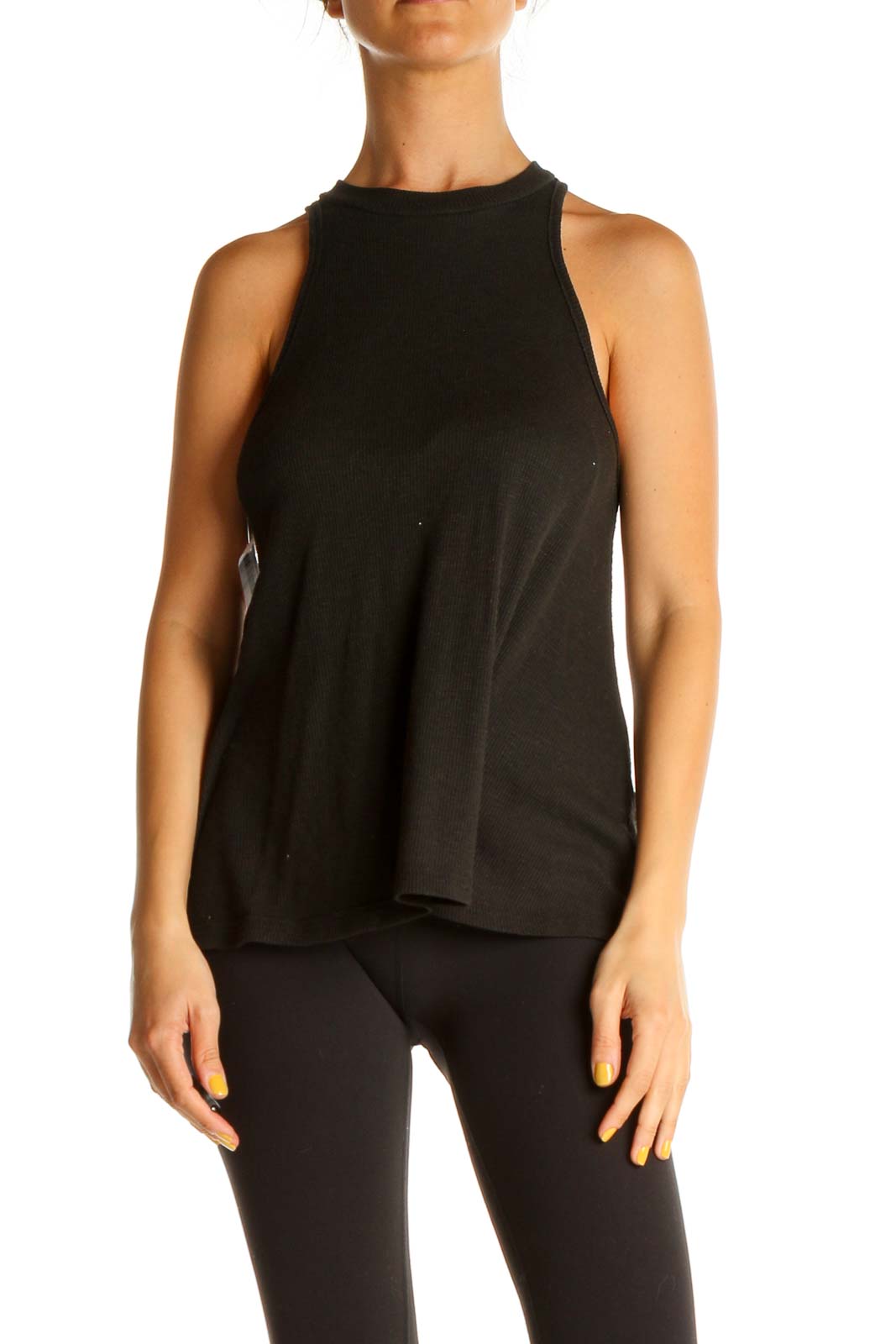 Front view of black Free People high-neck sleeveless tank top