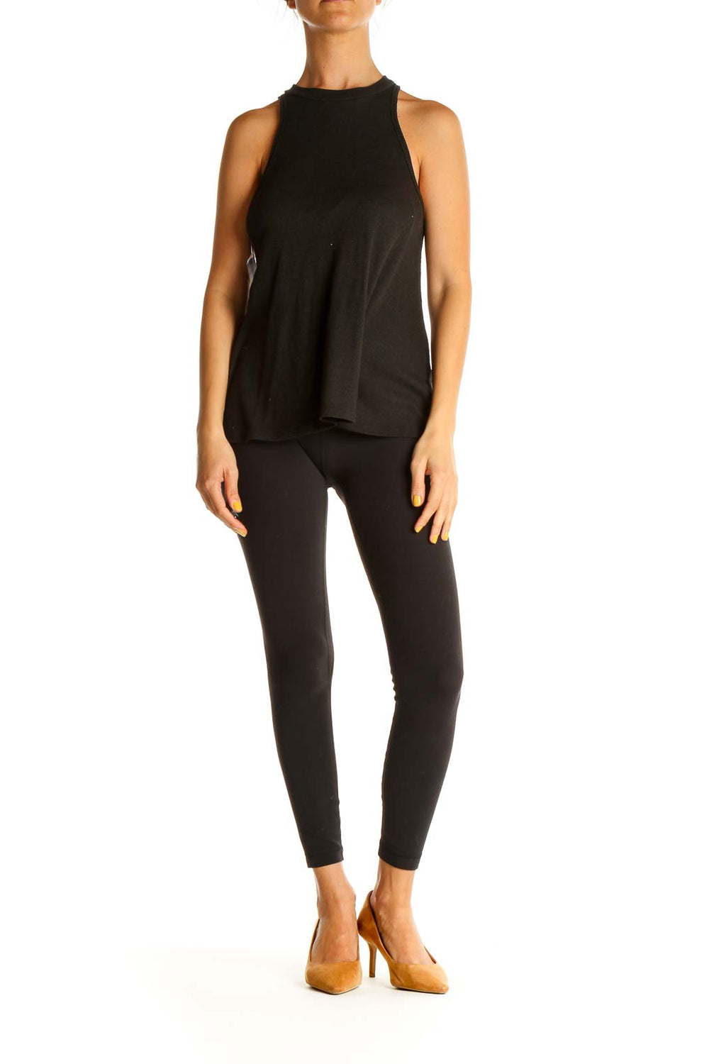 Front view of black Free People high-neck sleeveless tank top