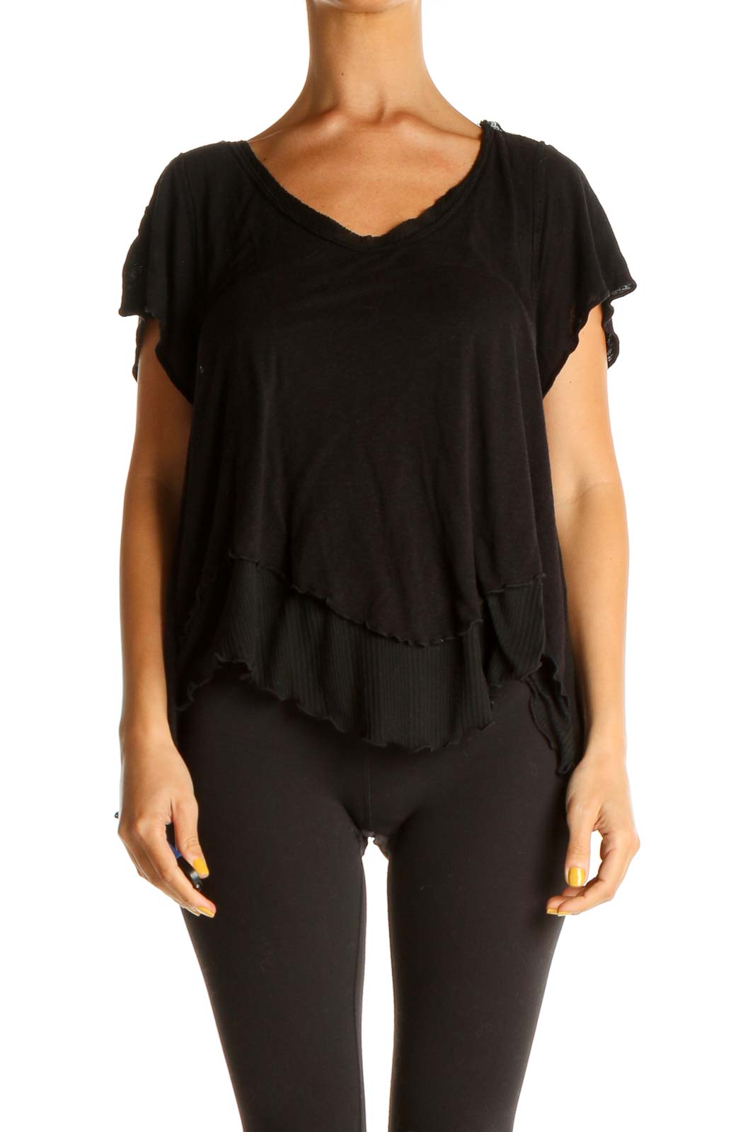 Front view of Free People black layered V-neck short sleeve top on mannequin