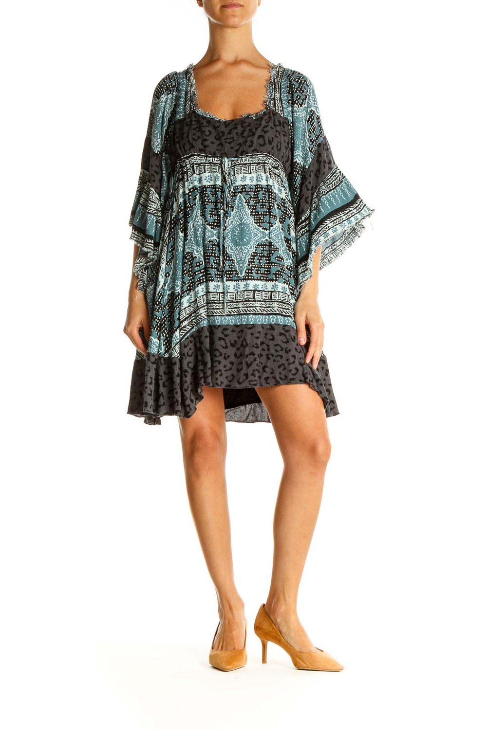 Front view of Free People blue and black patterned boho mini dress with bell sleeves