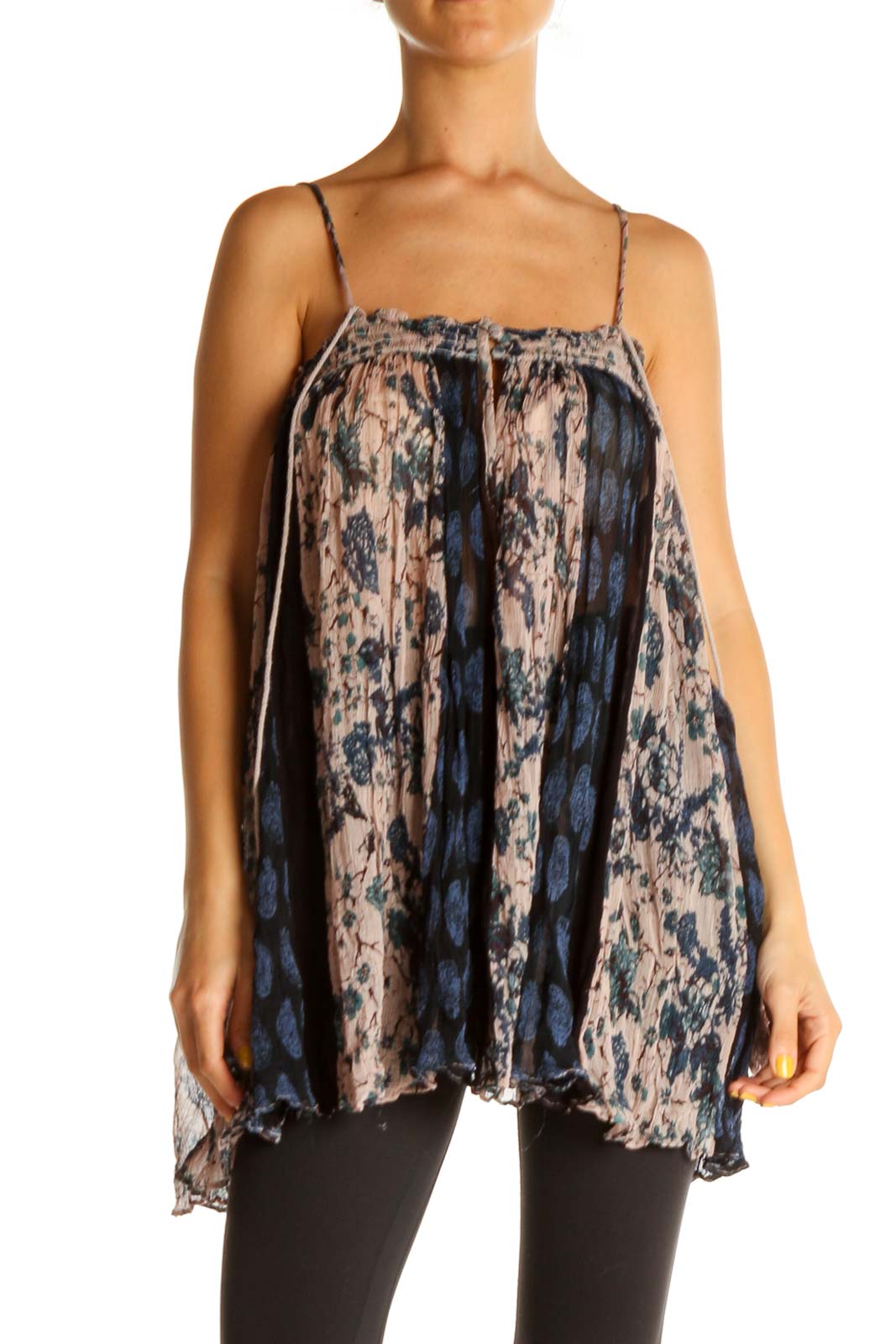 Front view of Free People blue and beige floral print cami top with gathered neckline