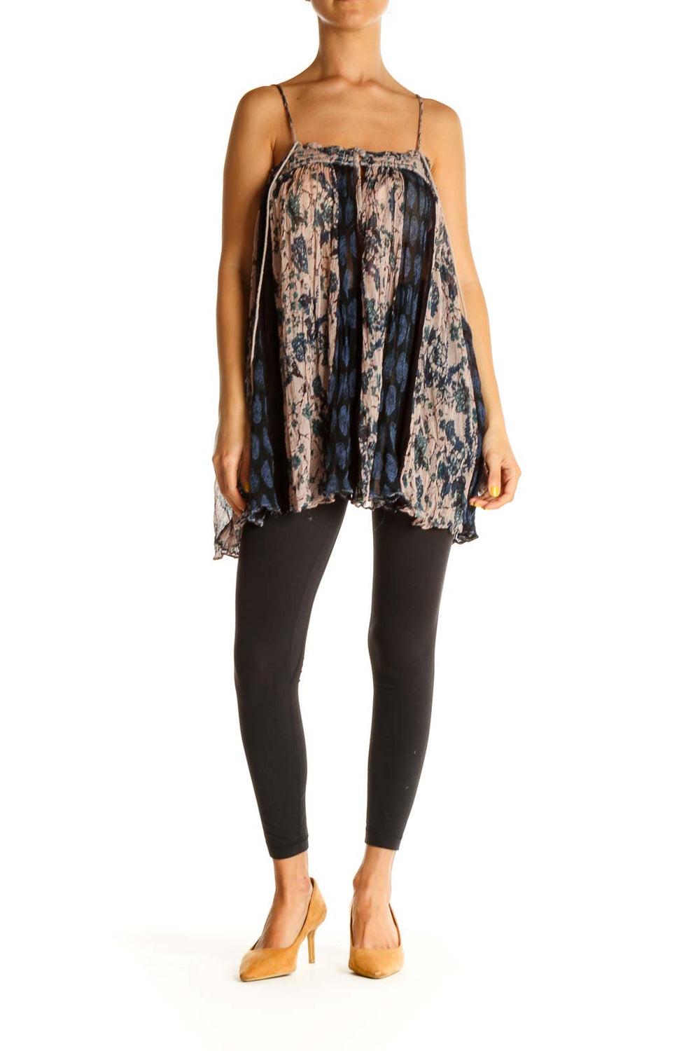 Front view of Free People blue and beige floral print cami top with gathered neckline