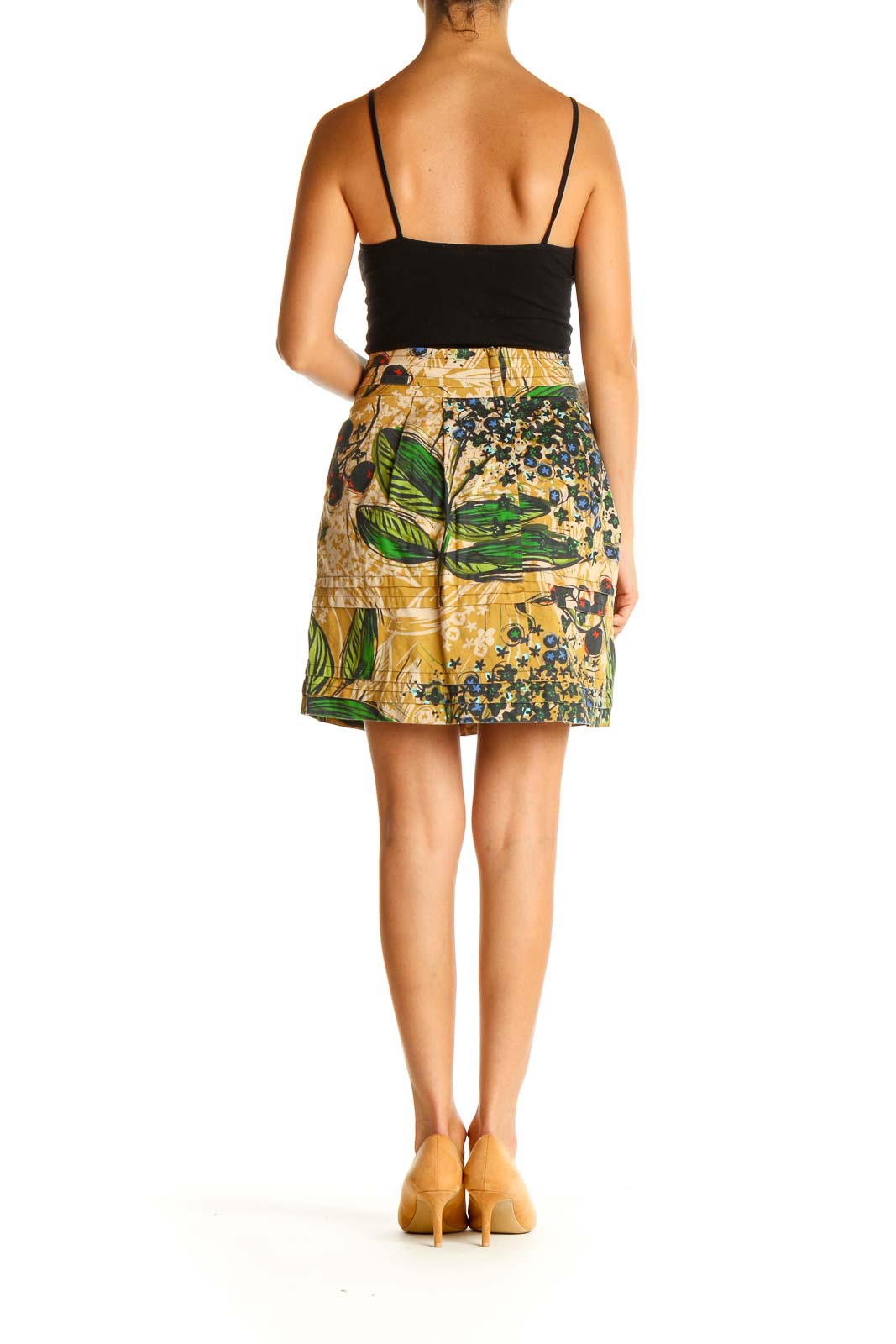 Beige Tropical Print Chic A-Line Skirt