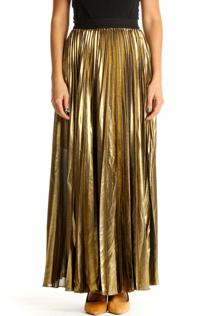 Gold Pleated Retro Flared Skirt