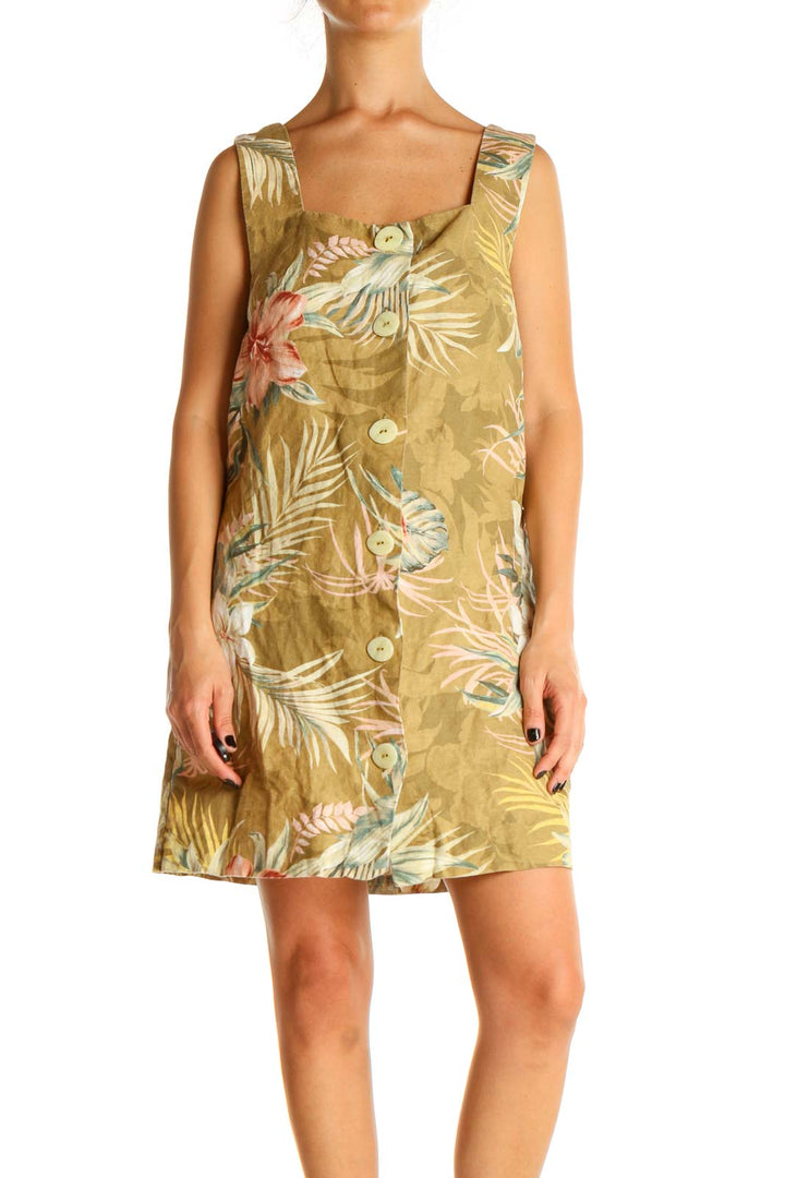 Beige Tropical Print Shift Dress