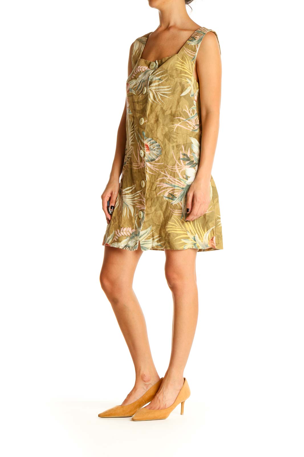 Beige Tropical Print Shift Dress