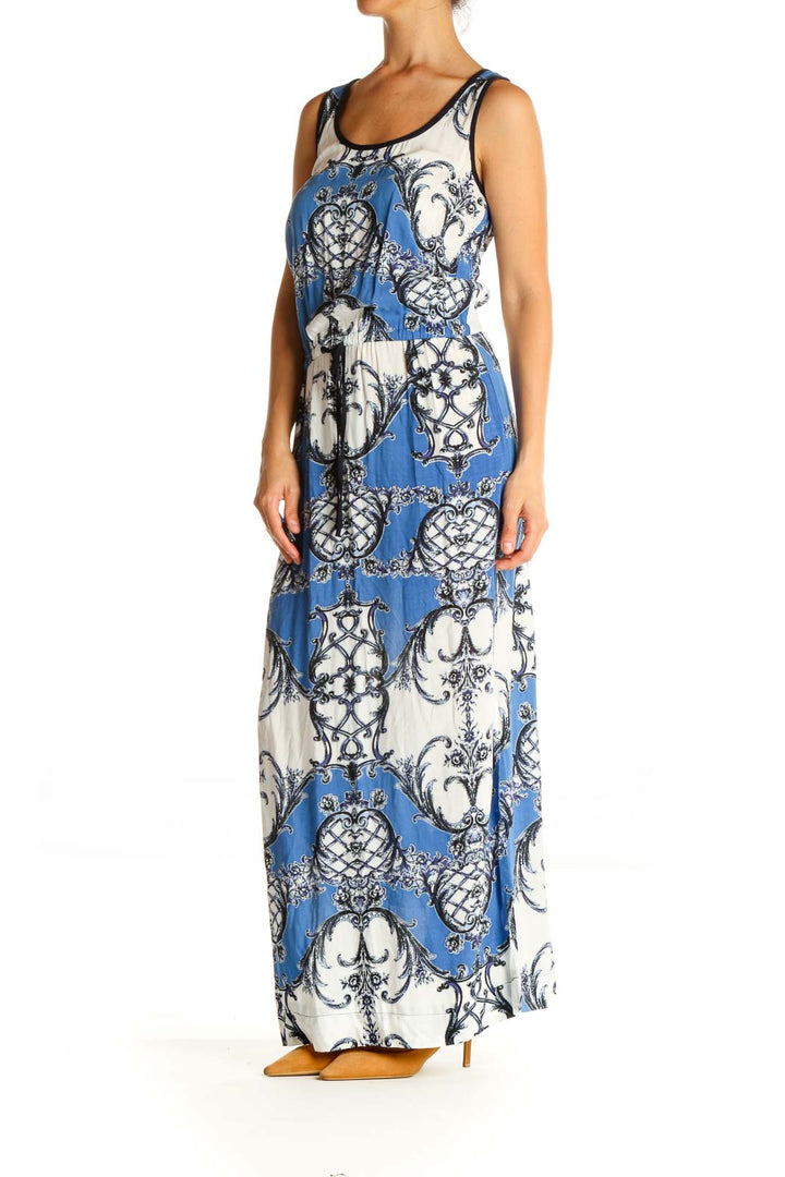 Blue Printed Holiday Column Dress