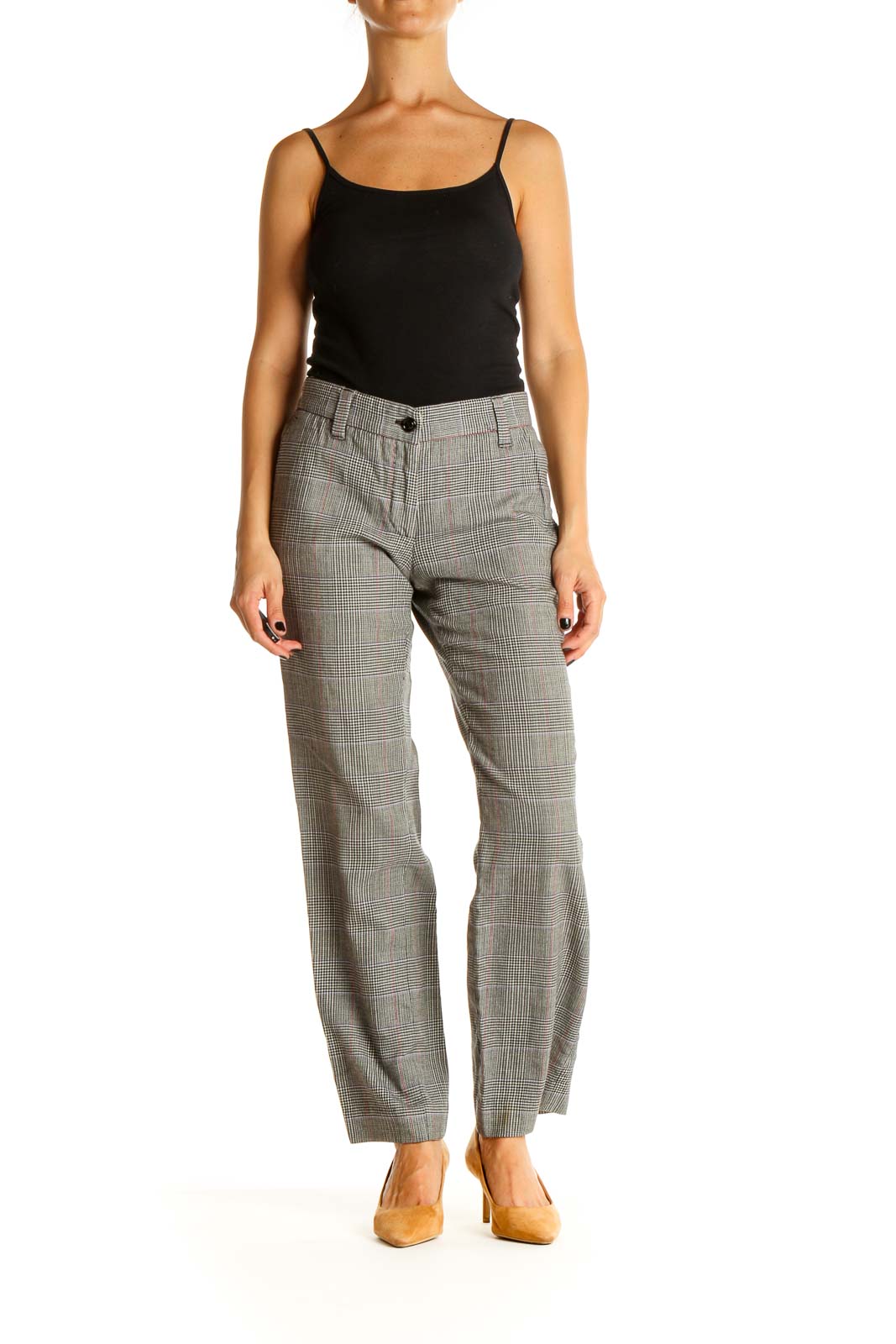 Gray Plaid Printed Chic Trousers