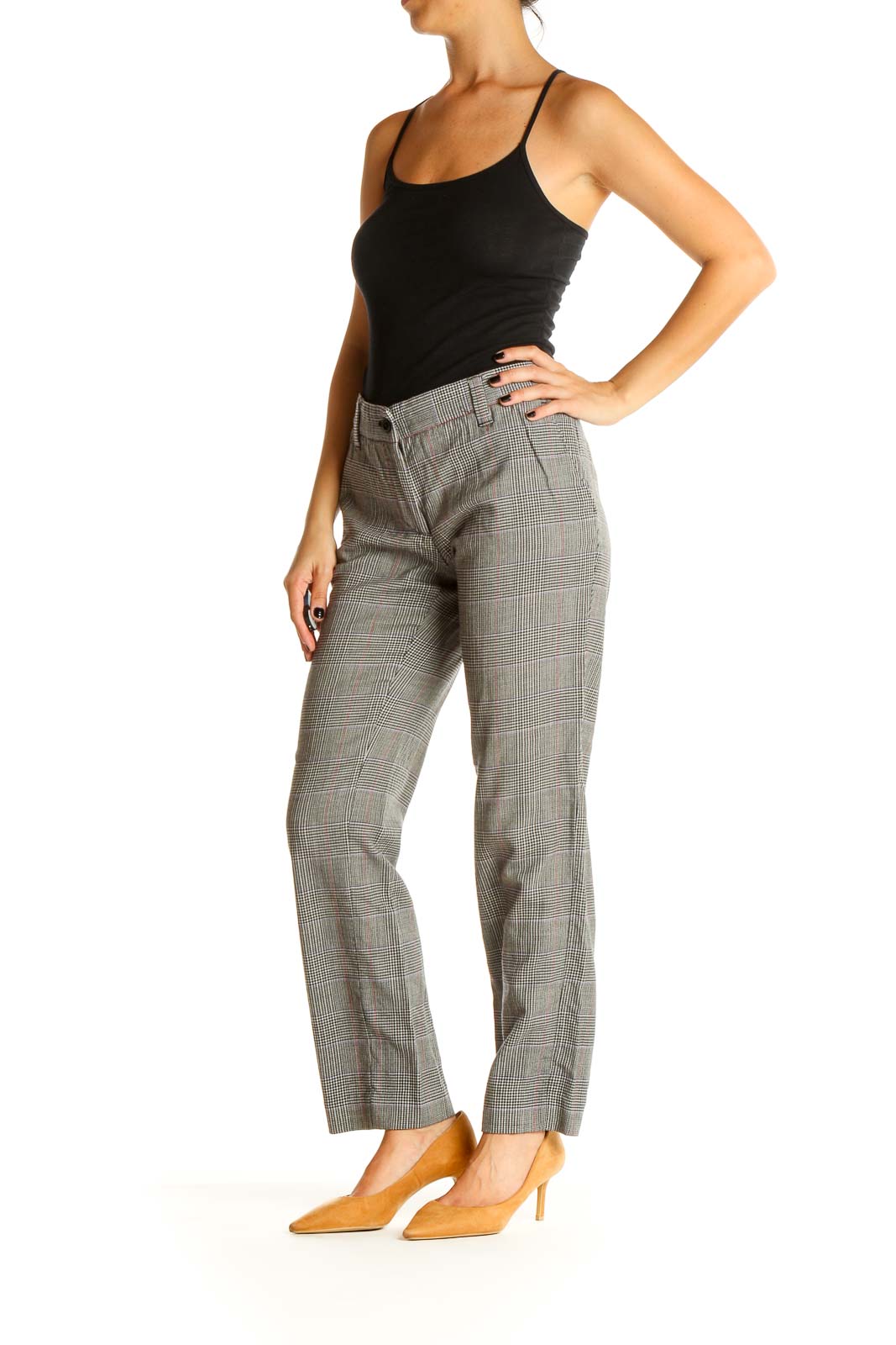 Gray Plaid Printed Chic Trousers