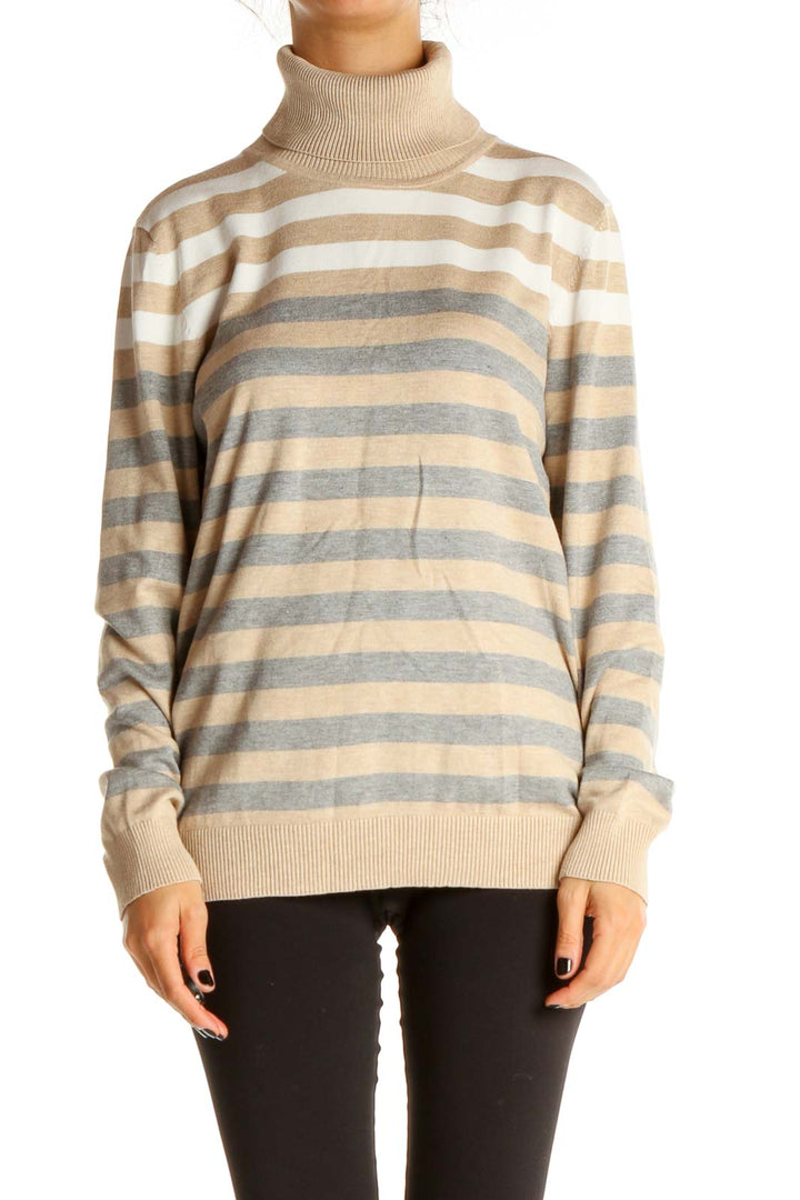 Beige Striped All Day Wear Sweater