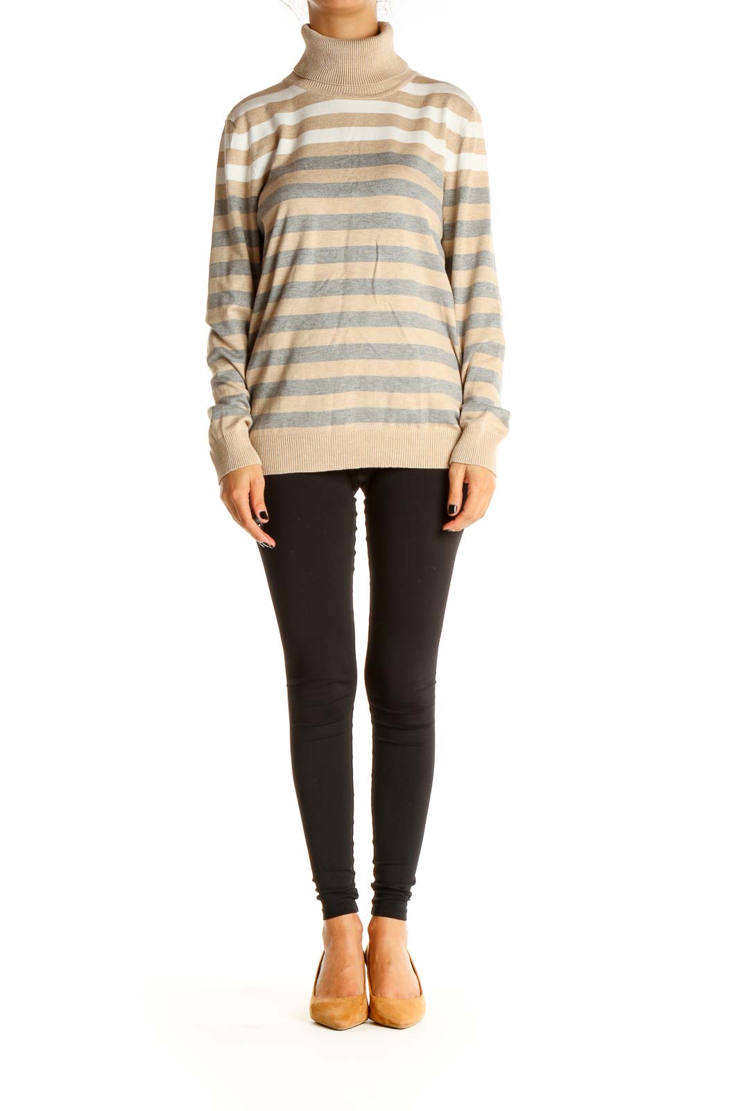 Beige Striped All Day Wear Sweater