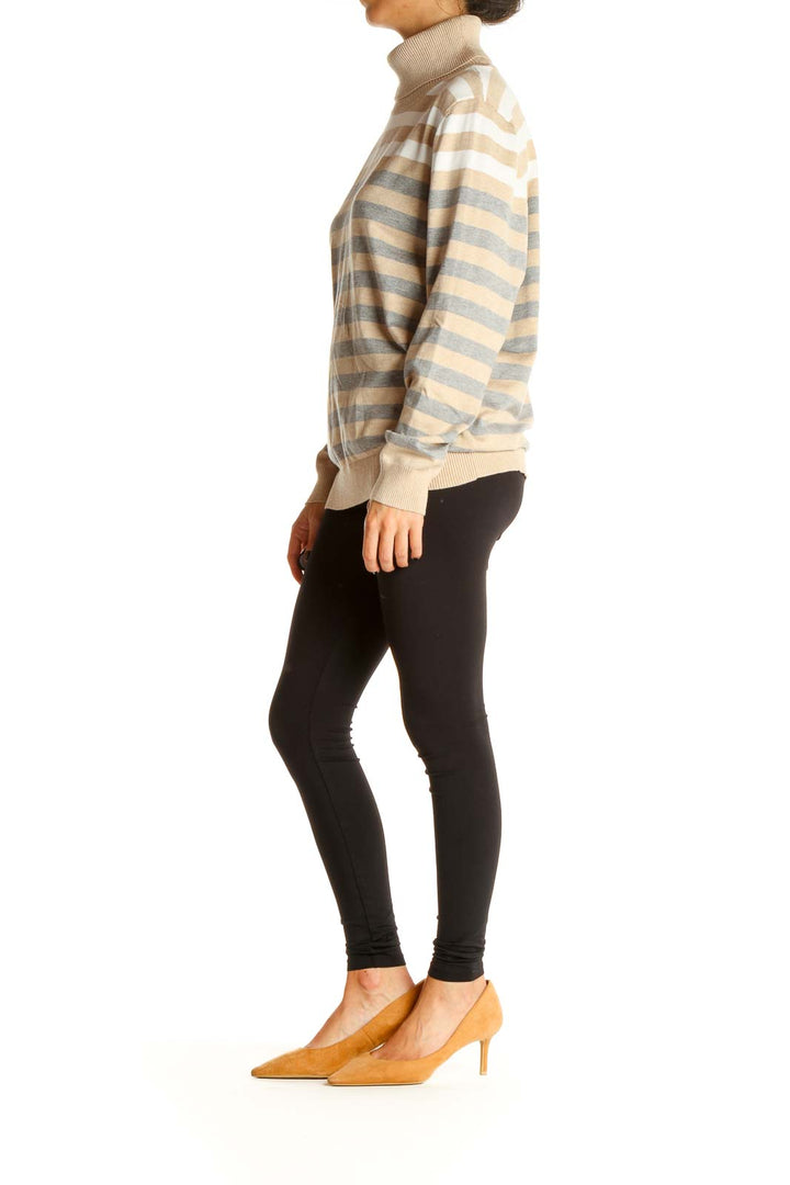 Beige Striped All Day Wear Sweater