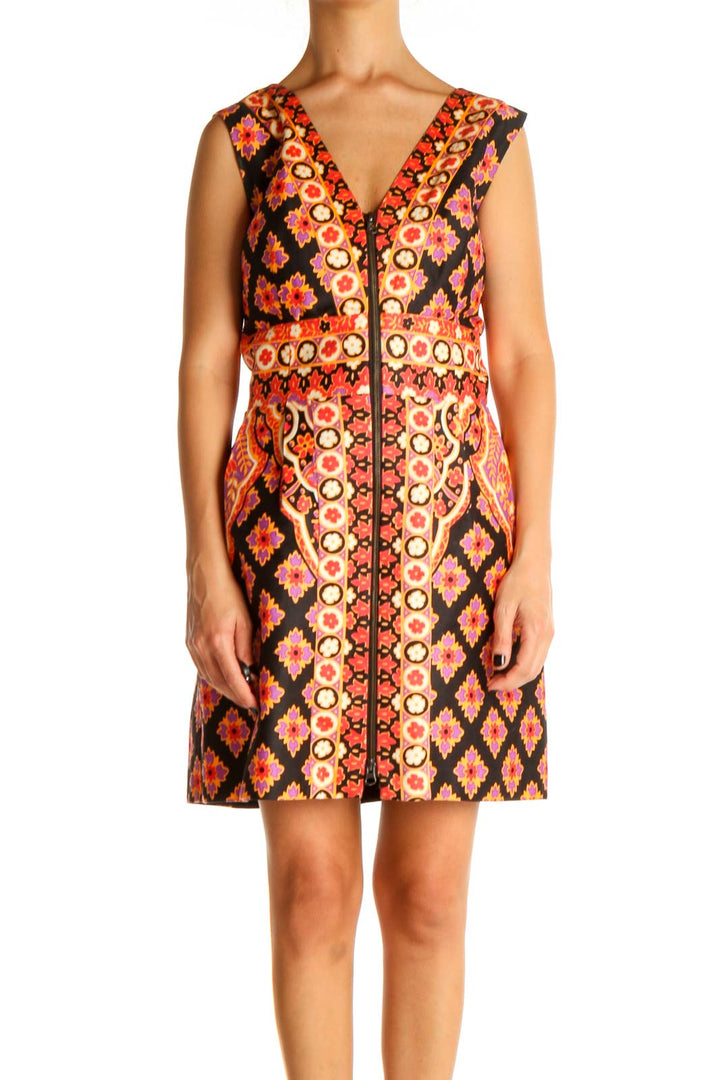 Orange Printed Retro A-Line Dress