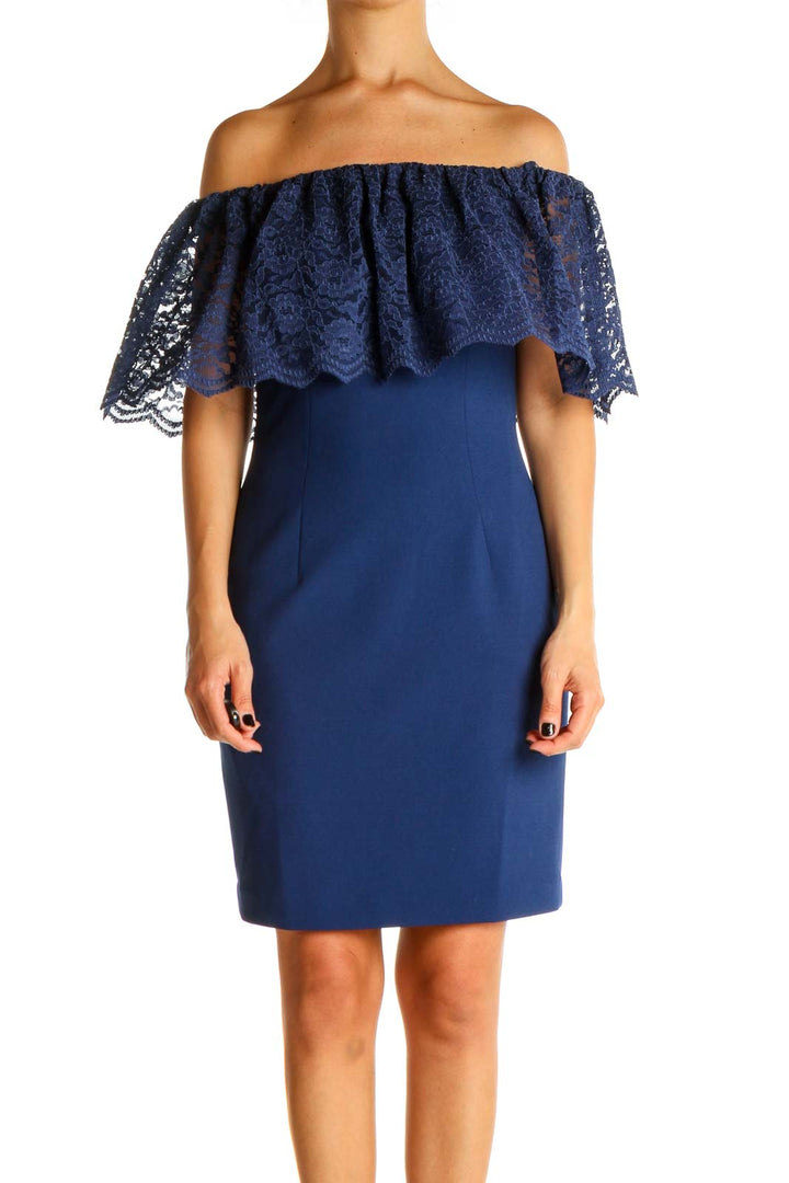 Blue Solid Lace Sheath Dress