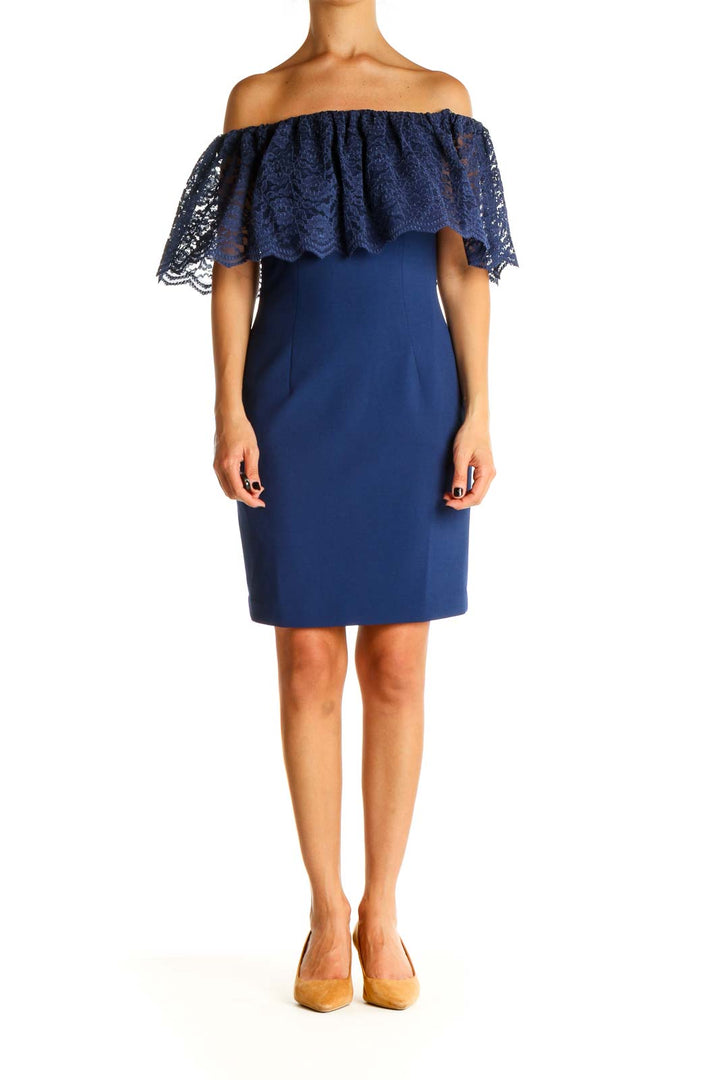 Blue Solid Lace Sheath Dress