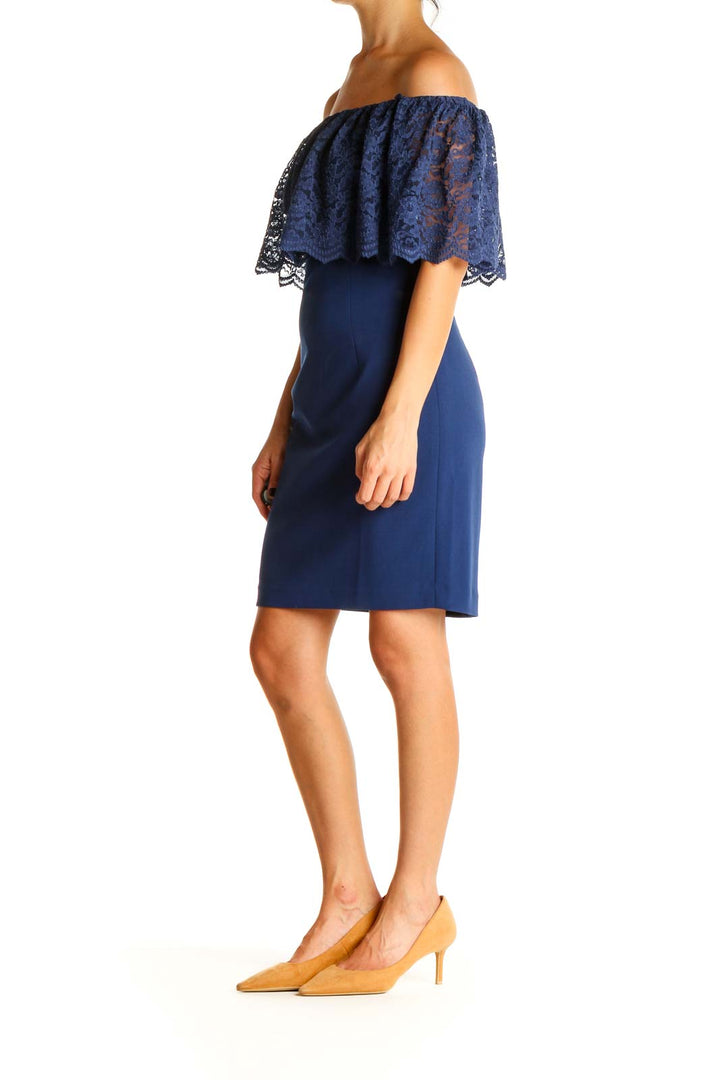 Blue Solid Lace Sheath Dress