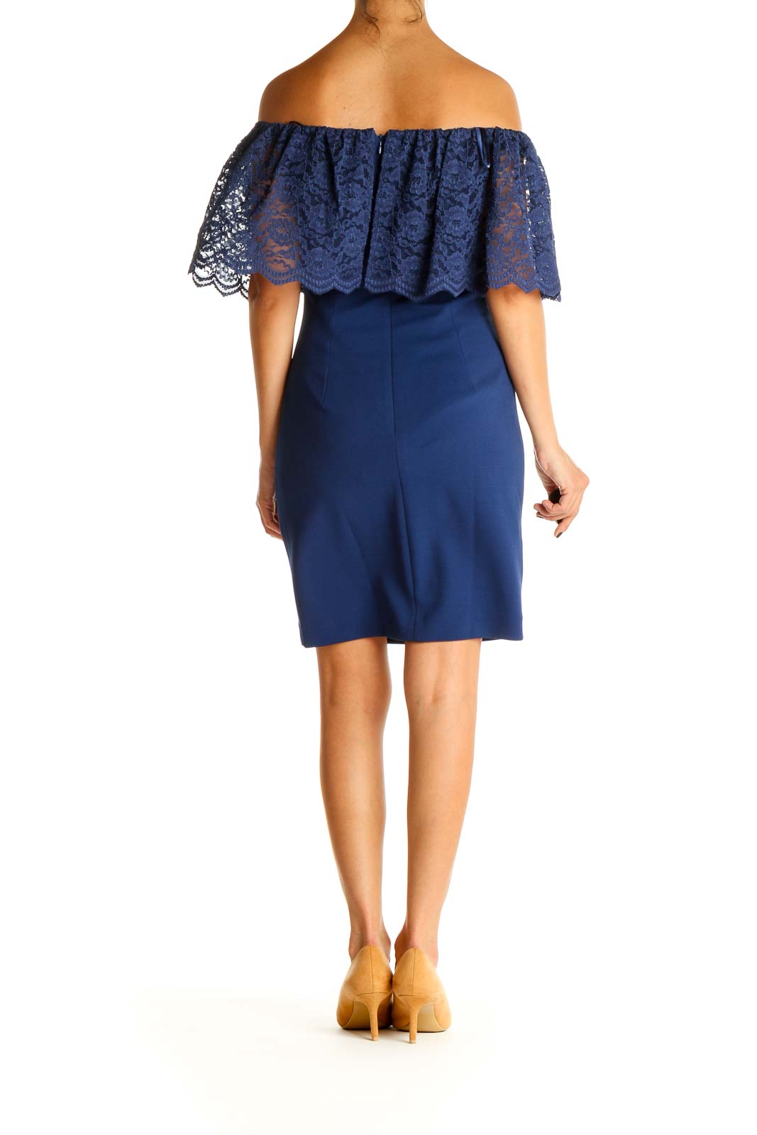 Blue Solid Lace Sheath Dress