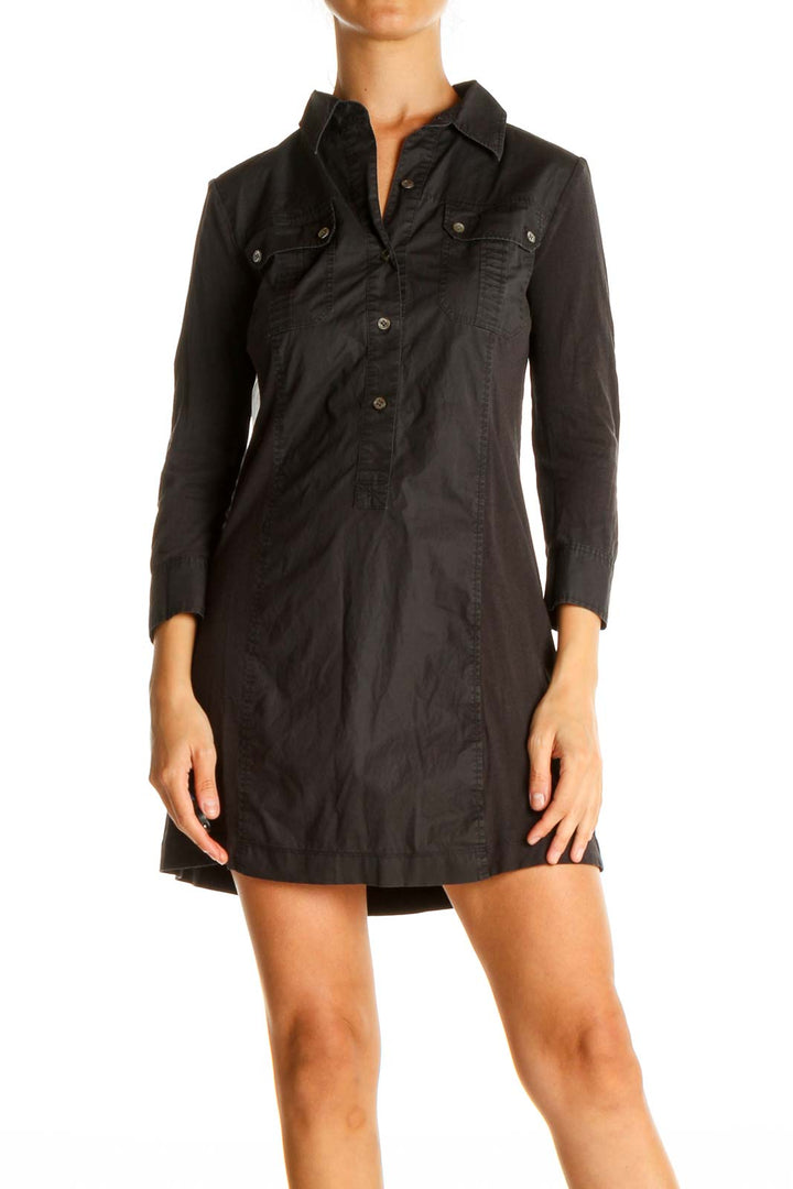 Black Solid Chic Shirt Dress