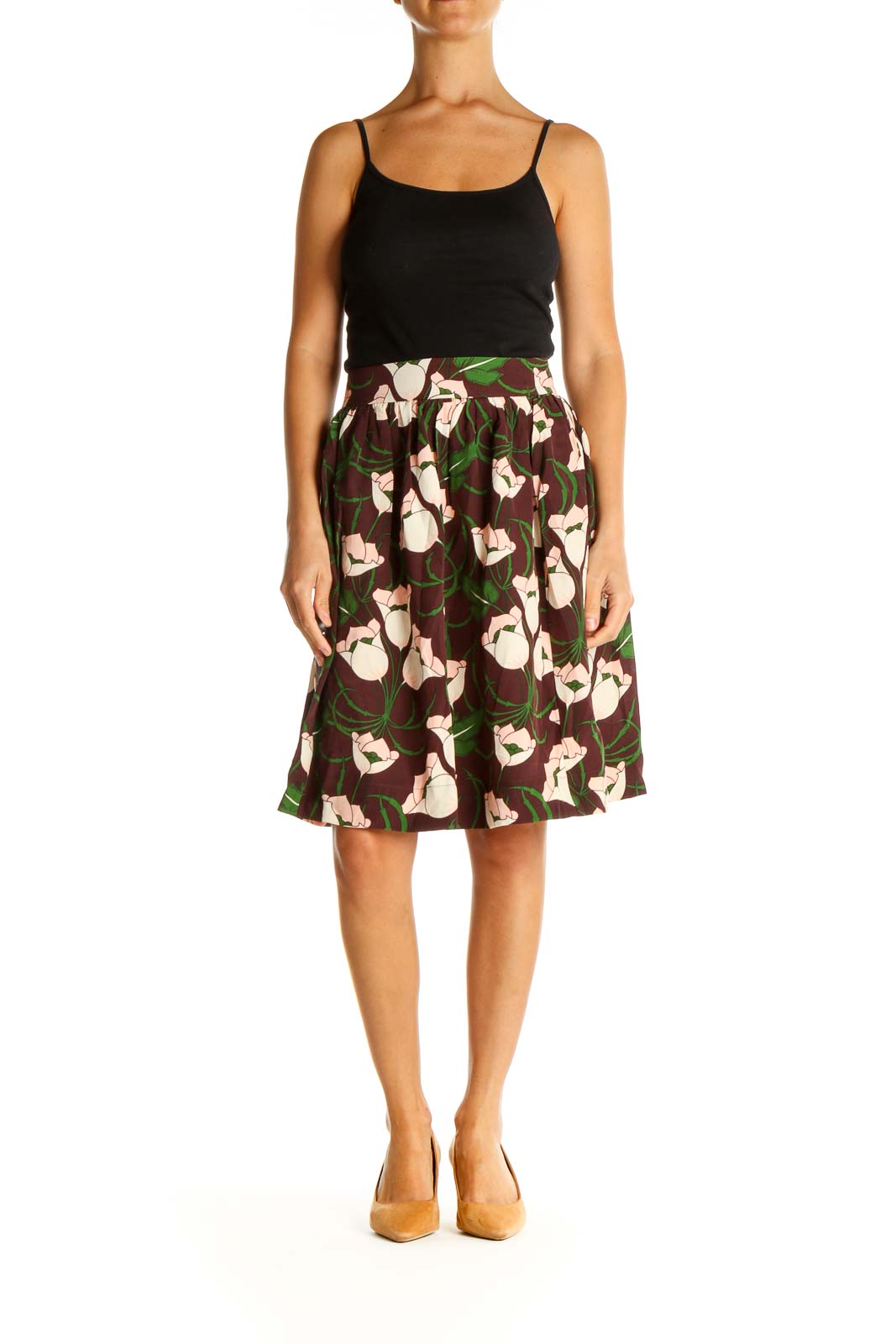 Brown Silk Floral Print Chic A-Line Skirt